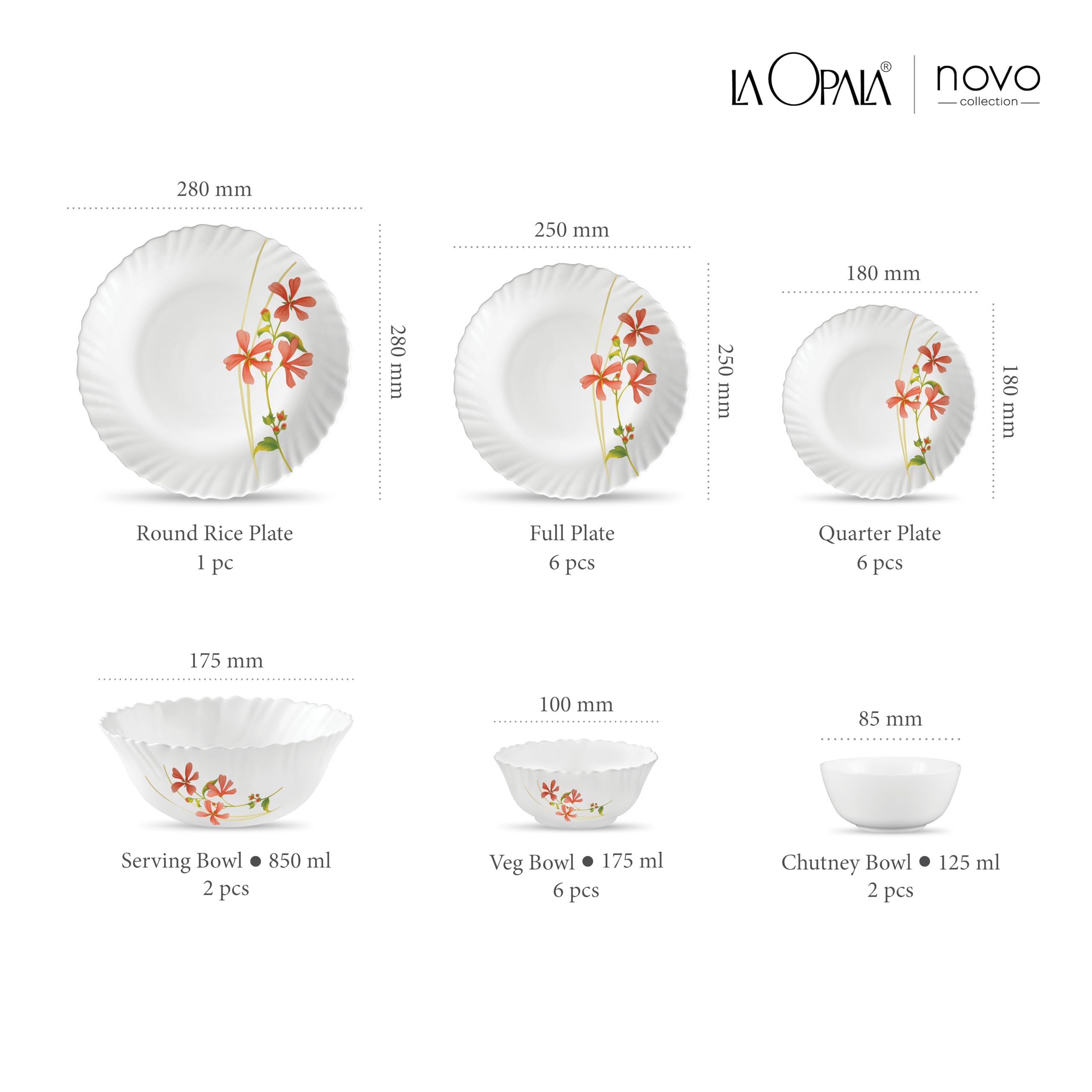 La Opala, Novo Collection, Opal Glass Floral Dinner Set 23 Pcs, Coral Charm, White 2