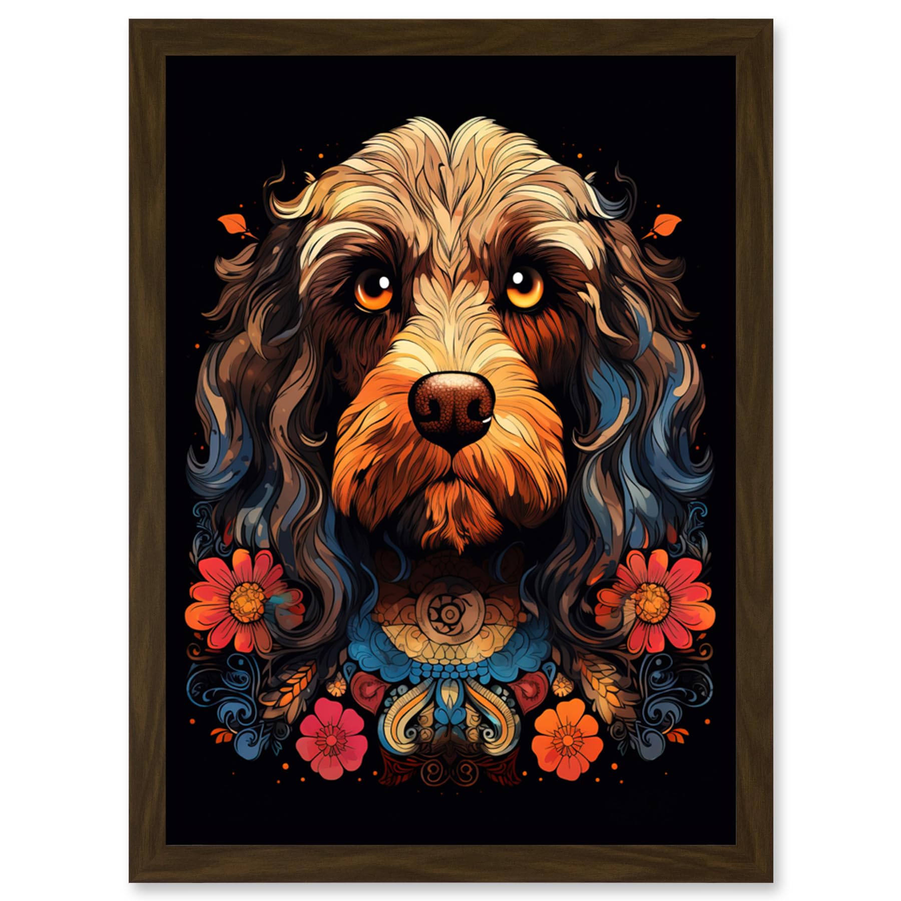 Artery8 Cockapoo Dog with Ornate Collar and Flowers Symmetrical Floral Artwork Orange Pink Blue Tribal Design on Black Artwork Framed Wall Art Print A4