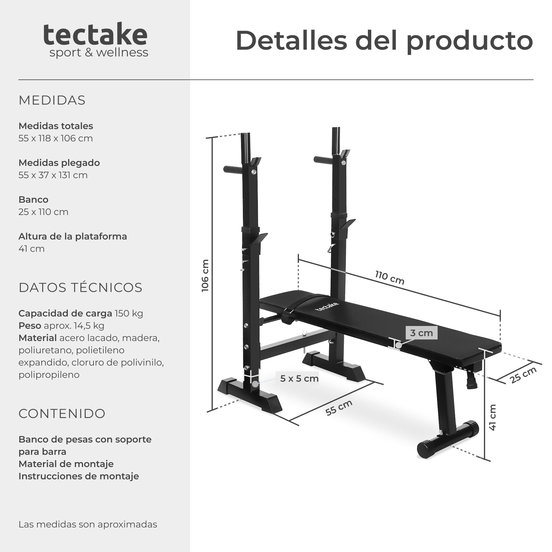 tectake® Banco de Pesas Plegable, Banco Musculación Ajustable, Ideal para Entrenamiento en Casa, Press Banca y Ejercicios de Fitness, con Soporte Barra Pesas, Capacidad de Carga: 150 kg - Negro