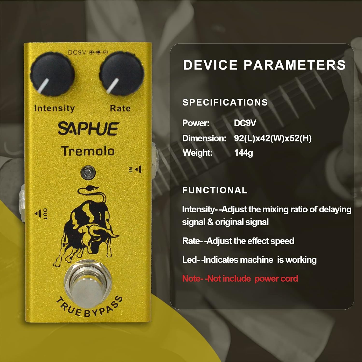 SAPHUE Guitar Tremolo Effects Pedal Intensity/Rate Knob Effect Pedals with Steel Metal Shell Mini Single Type Dc 9V with True Bypass Switch for Multi Electric Guitar Kit