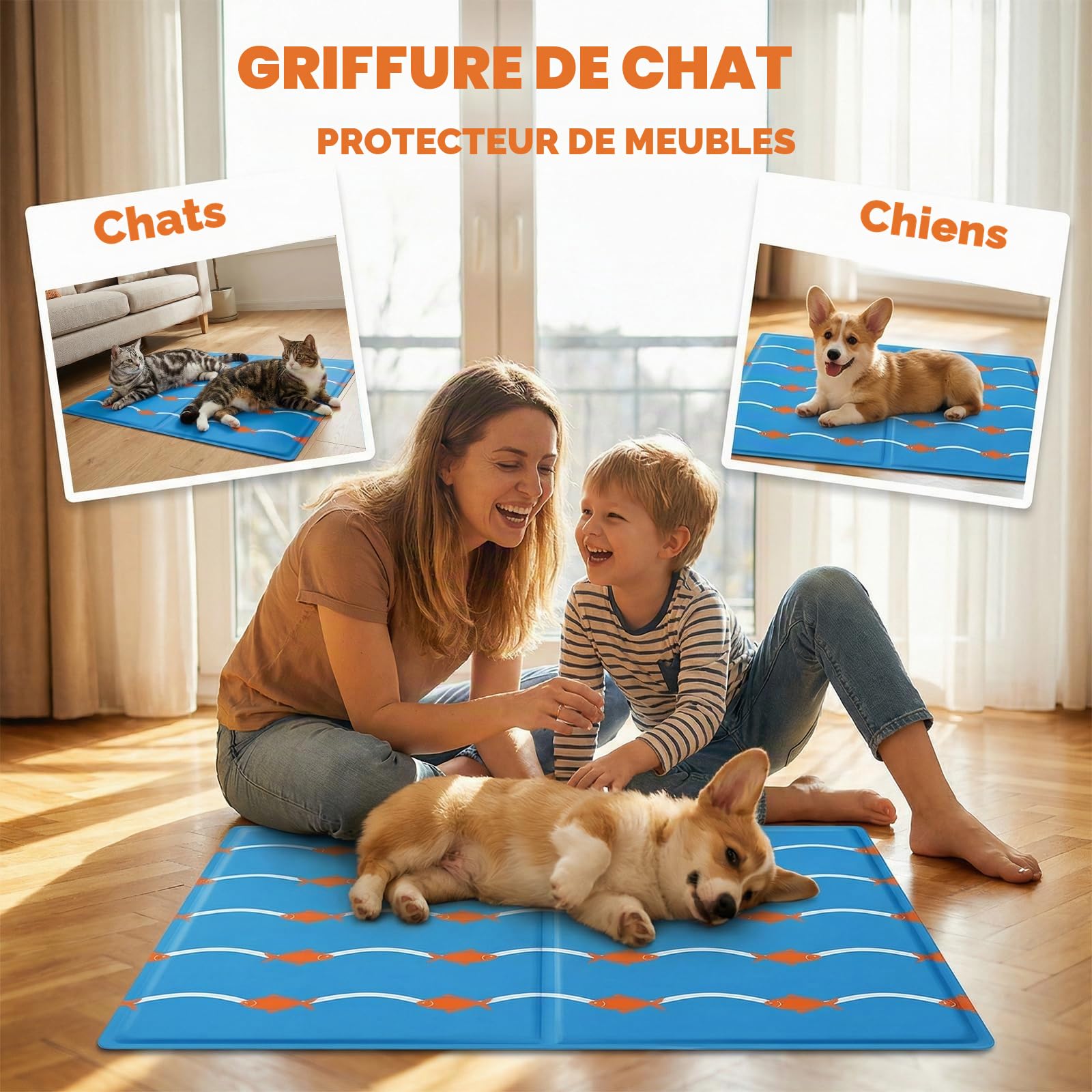Qoosea Tapis Rafraîchissant pour Chien et Chat 50x90cm - Motif Poissons et Vagues, Matelas Refroidissant Auto-Cooling, Imperméable et Pliable, pour Maison, Voiture, Voyage