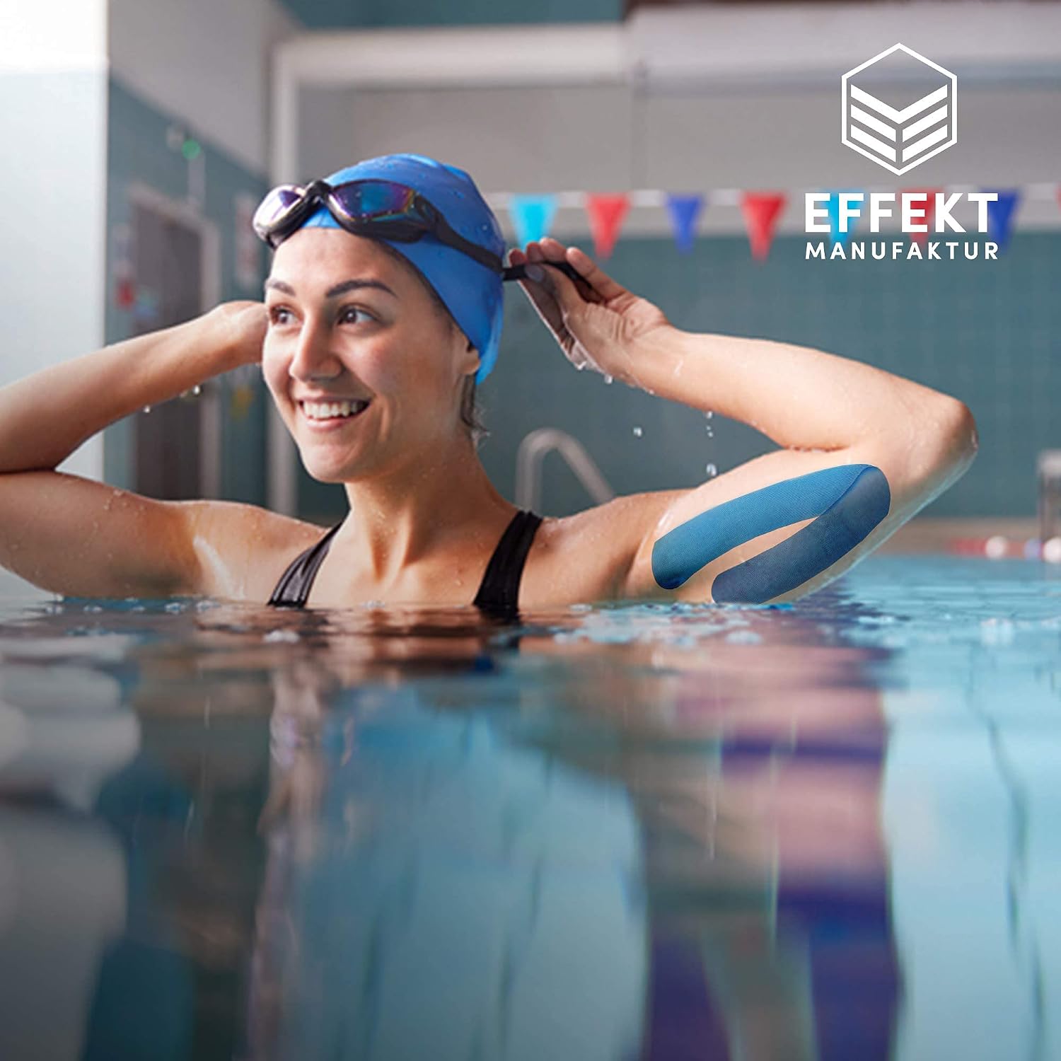 Effekt Pre Cut Kinesiology Tape Waterproof (10'' x 2''), 25 Kinesiology Tape precut Strips - Elastic Medical Tape for Muscle, Knee Support and Injury Recovery, Belly Tape for Pregnancy (Blue + Black)