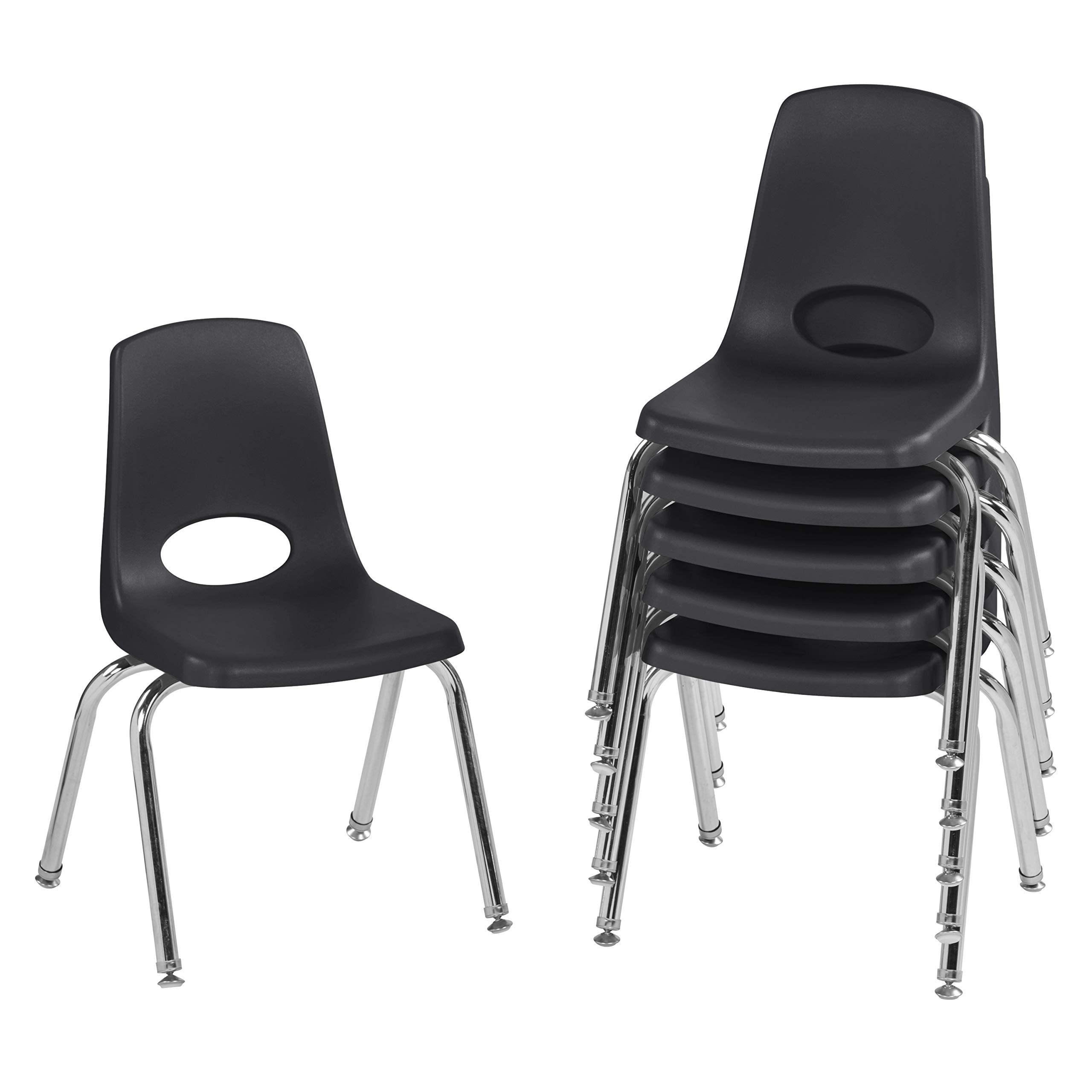 Factory Direct Partners 10364-BK 14" School Stack Chair, Stacking Student Seat with Chromed Steel Legs and Nylon Swivel Glides for in-Home Learning or Classroom - Black (6-Pack)