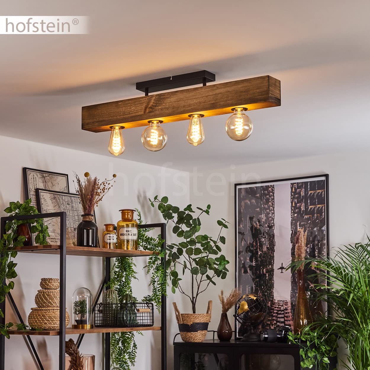HOFSTEIN Deckenleuchte Berat, Deckenlampe aus Metall/Holz in Schwarz/Naturfarben, moderne Leuchte im Retro/Vintage-Design mit Holzbalken, 4 x E27, Esszimmer, Schlafzimmer, Wohnzimmer, Küche