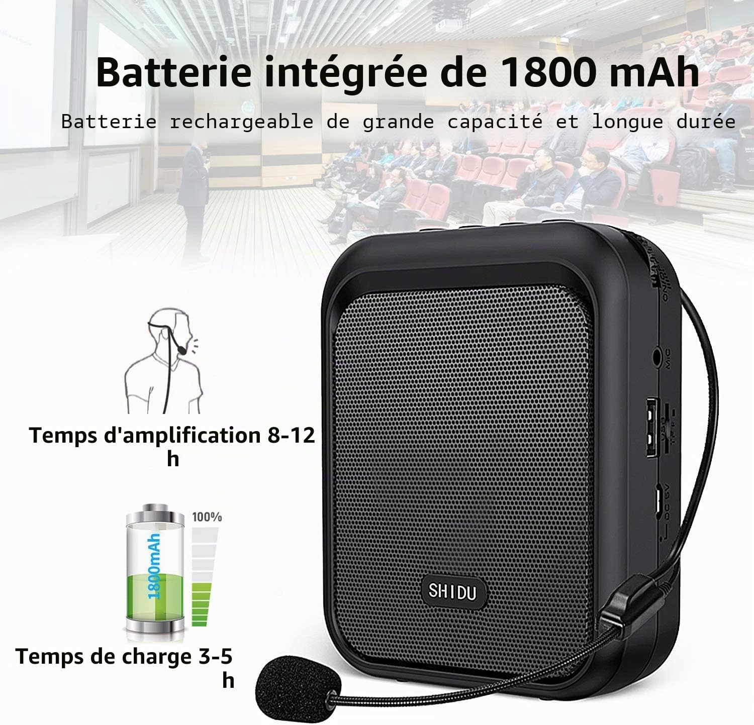 SHIDU mini haut-parleur Bluetooth portable rechargeable avec écouteur filaire 10W 1800mAh, convient aux enseignants, Conducteur de taxi, aux entraîneurs, à la formation, aux guides touristiques