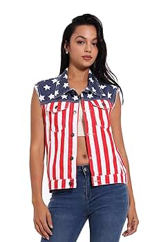 RongYue Women's Denim Vest American Flag Casual Retro