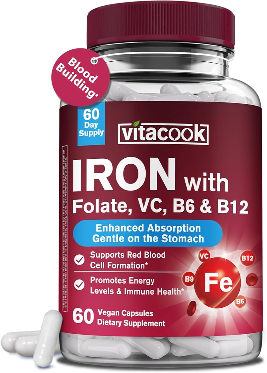 Iron Supplement for Women & Men, Iron Bisglycinate with Vitamin C, B6, B12, Folate, Stomach Friendly, Non-Constipating, Blood Health & Energy Boost, 60 Vegan Caps Iron Supplement for Women & Men, Iron Bisglycinate with Vitamin C, B6, B12, Folate, Stomach Friendly, Non-Constipating, Blood Health & Energy Boost, 60 Vegan Caps