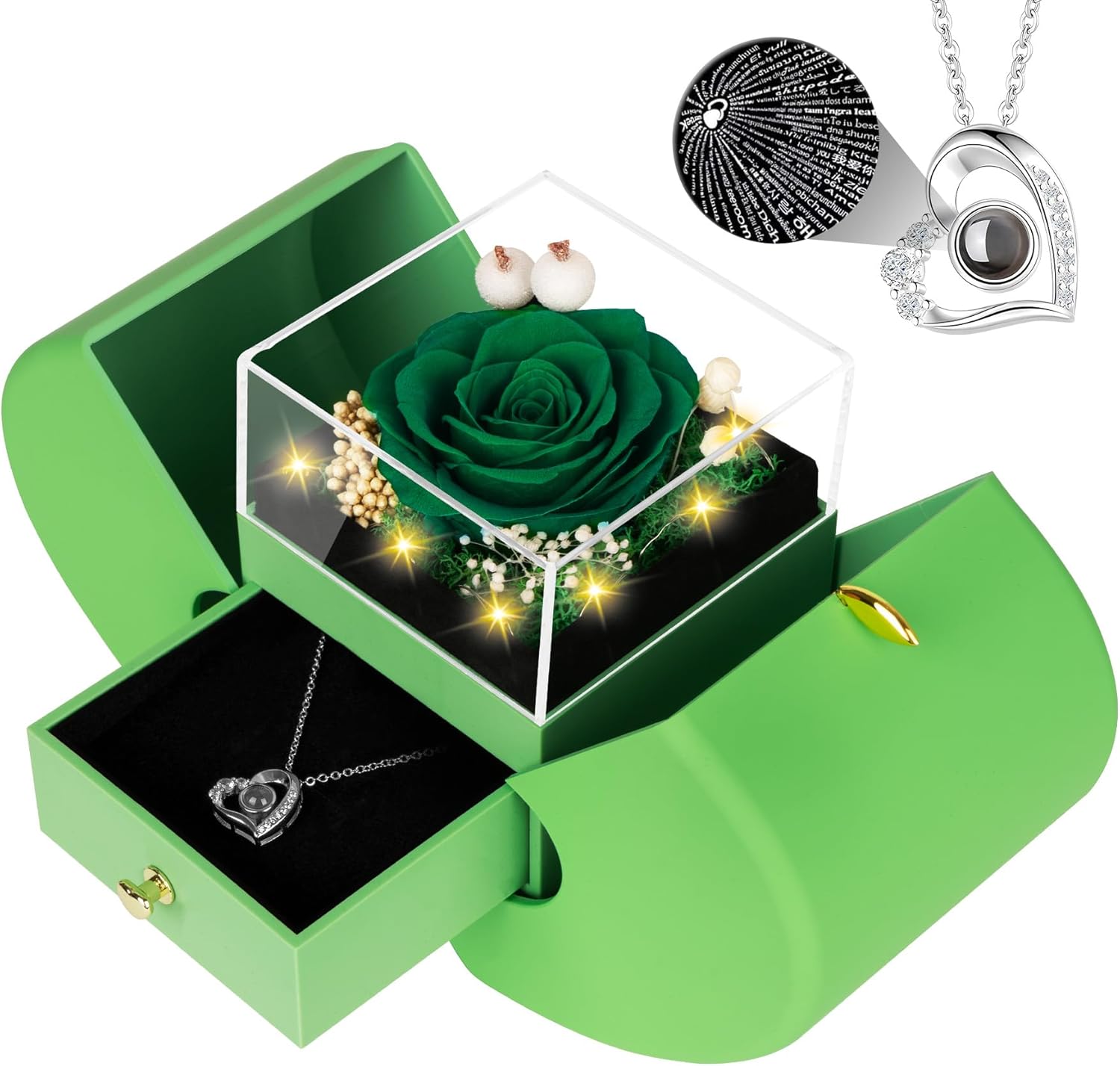 Preserved Green Real Rose with I Love You Necklace, Eternal Flowers Rose Birthday Gifts for Women Her Mom Wife Girlfriend Grandma Christmas on Valentines Mothers Day Anniversary Romantic-Green