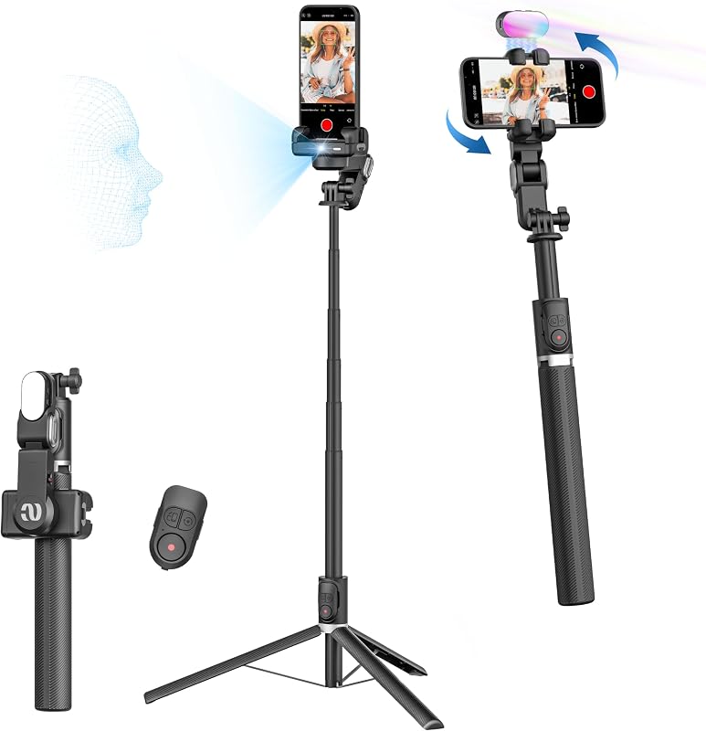 AOCHUAN 59'' Face Tracking Tripod, Phone Gimbal with RGB Light(M2PRO Black) | Selfie Stick for iPhone, Phone Tripod with Light, Content Creator Essentials for Video Recording, Tiktok, and Live Streaming