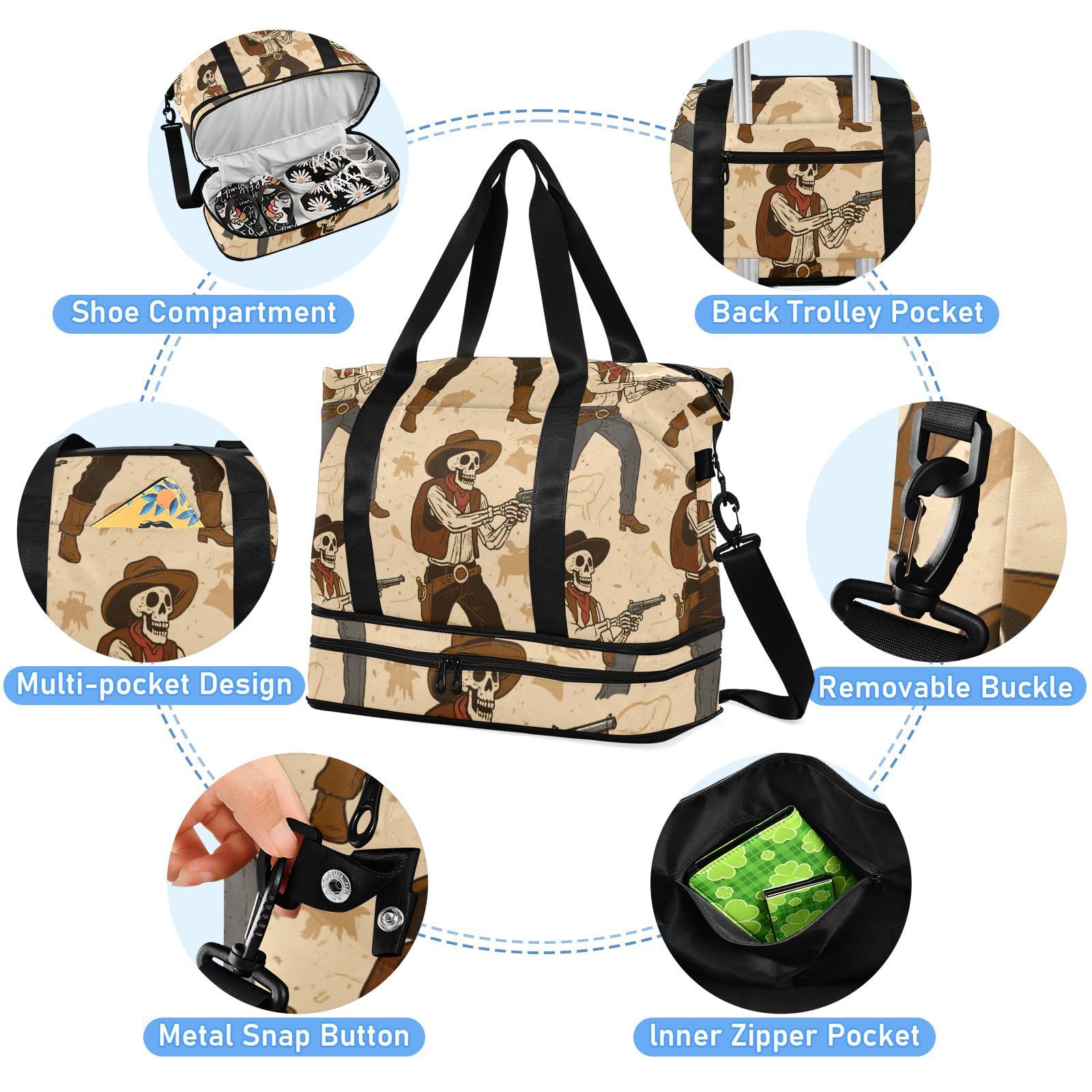 Borsa da viaggio beige retrò con teschio cowboy occidentale con tasca bagnata tracolla regolabile palestra sport borsone per yoga impermeabile per uomini donne