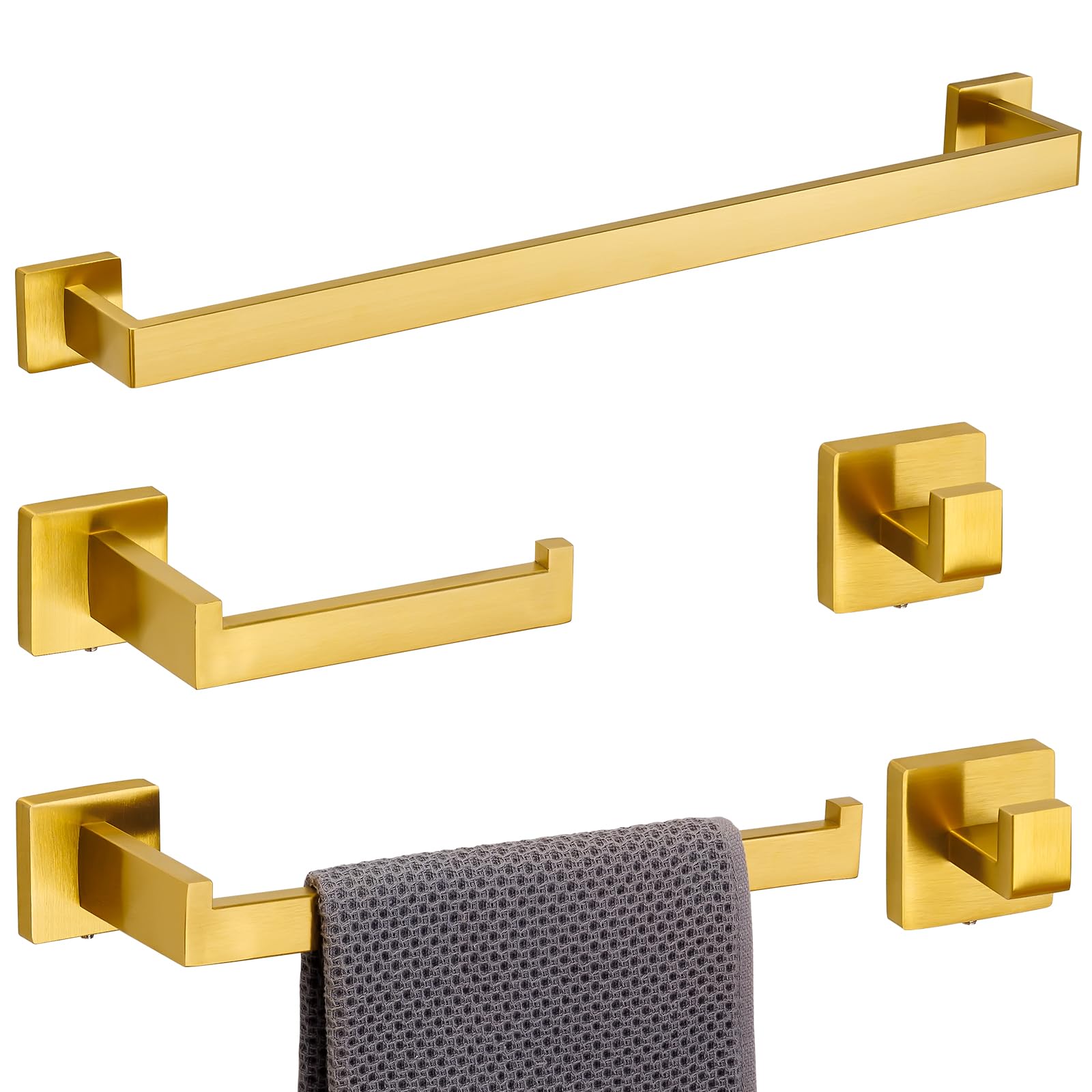5 Piece Bathroom Hardware Set 23.6 Inch Brushed Gold Towel Bar Set Bathroom Towel Holder Set Towel Rack Set Heavy Duty Wall Mounted