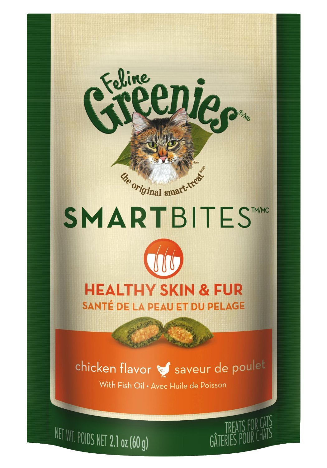 FELINE GREENIES SMARTBITES Skin & Fur Crunchy and Soft Natural Cat Treats, Chicken Flavor, 2.1 oz. Pack