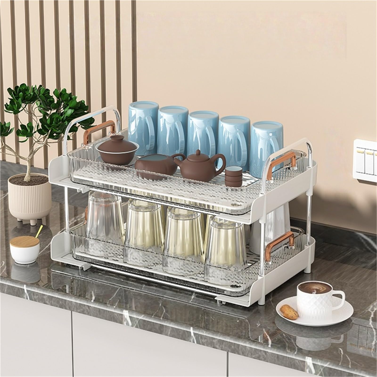 Eiauiuo Mug Draining Tray, Glass Drip Tray Countertop, Stainless Kitchen Drainer Rack 2 Tier Cup Organizer For Coffee Bar Sink Storage Anti Rust Space Saving