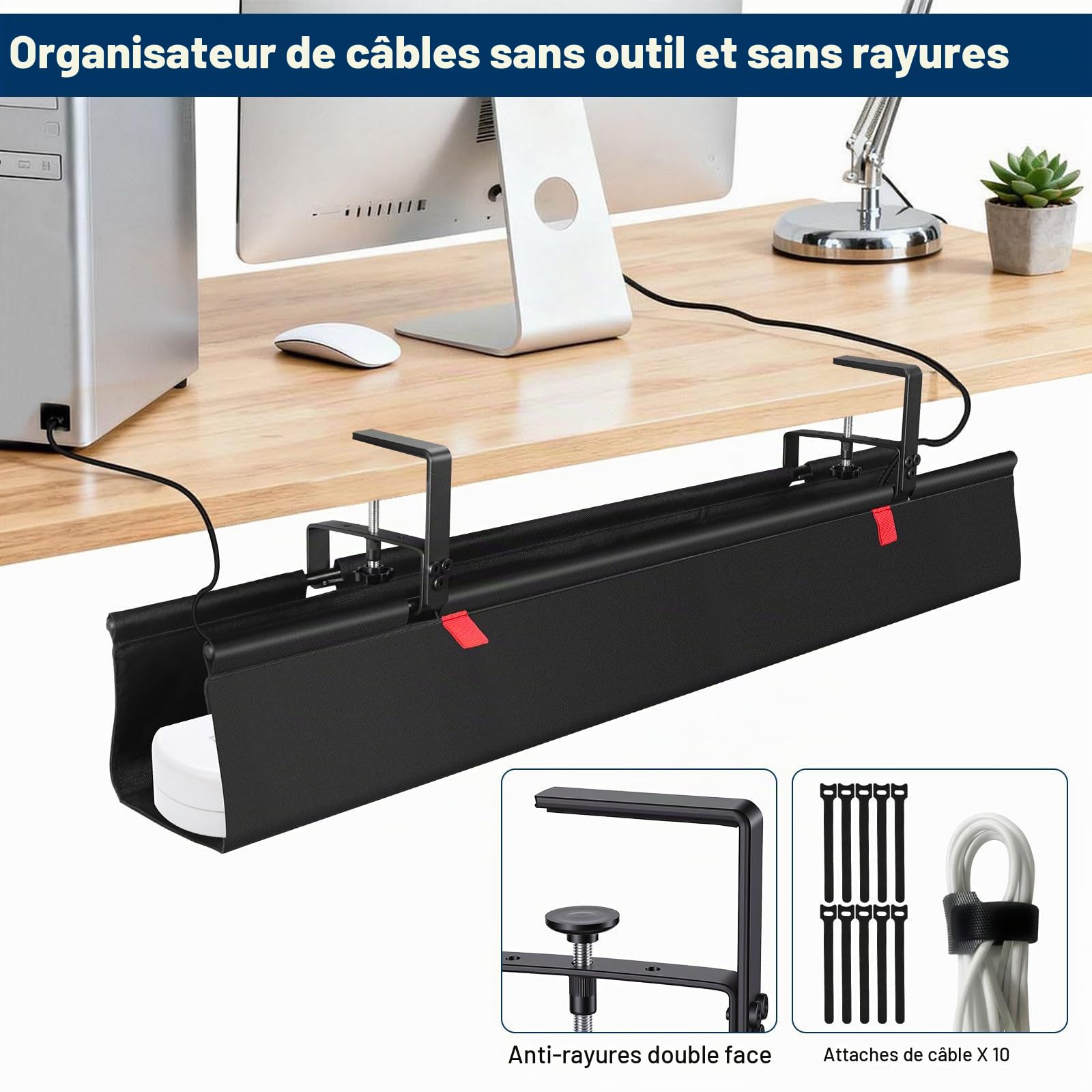 Fentar Range Cable Bureau 90cm, Rangement Cable Management Bureau Sans Perçage, Support Multiprise Sous Bureau en Tissu Oxford Solide, Chemin de Câble avec Attache Adhésif pour Maison Gaming PC Gamer