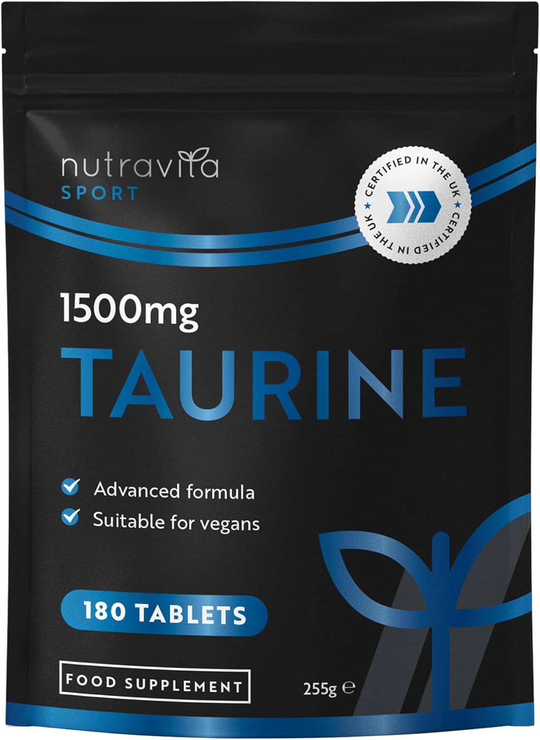 Taurine Supplement 1500mg – 180 High Strength Taurine Tablets – Vegan Amino Acids Taurine Nutritional Supplements – Powder Alternative – Sports Supplement for Men & Women – Made in The UK – Nutravita