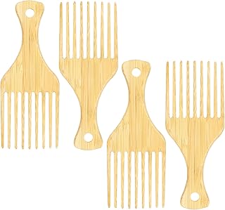 4 Pcs Bamboo Afro Hair Pick Comb Set Natural Anti-Static Picks Wide Tooth Detangling Combs for Men Women with Thick Curly Hair
