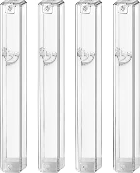 Ateret Judaica 4 Pack Waterproof Clear Transparent Plastic Mezuzah Case with shin Silver | Fit up to 5 / 12 cm Mezuzah Scroll. Israeli Import | Easy Peel and Stick Scroll Not Included