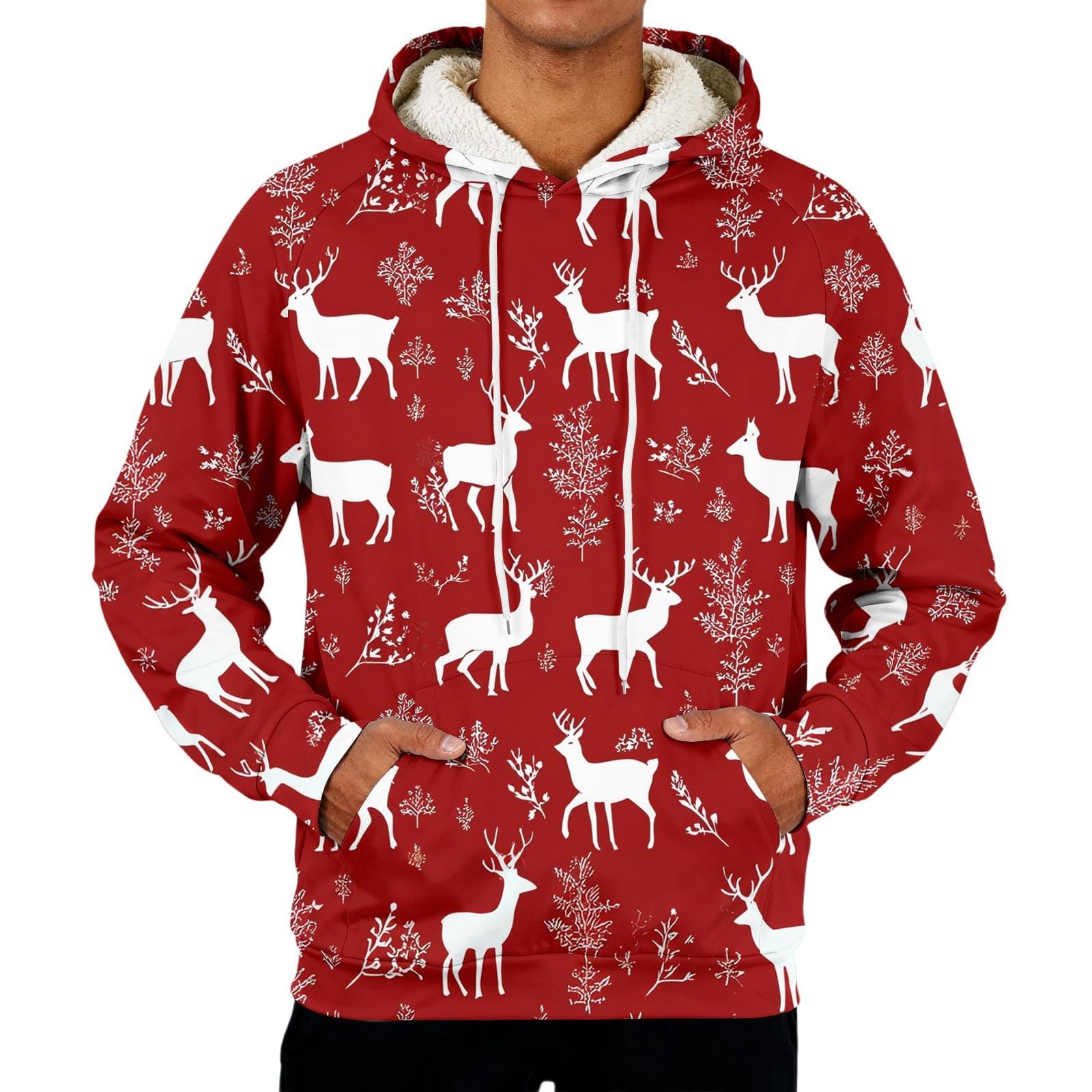 Suéter de Navidad con forro polar para hombre, divertido árbol de Navidad, reno, sudaderas, tallas grandes, trajes navideños, manga larga, cálido, suéter sherpa, novedad, disfraz de Navidad