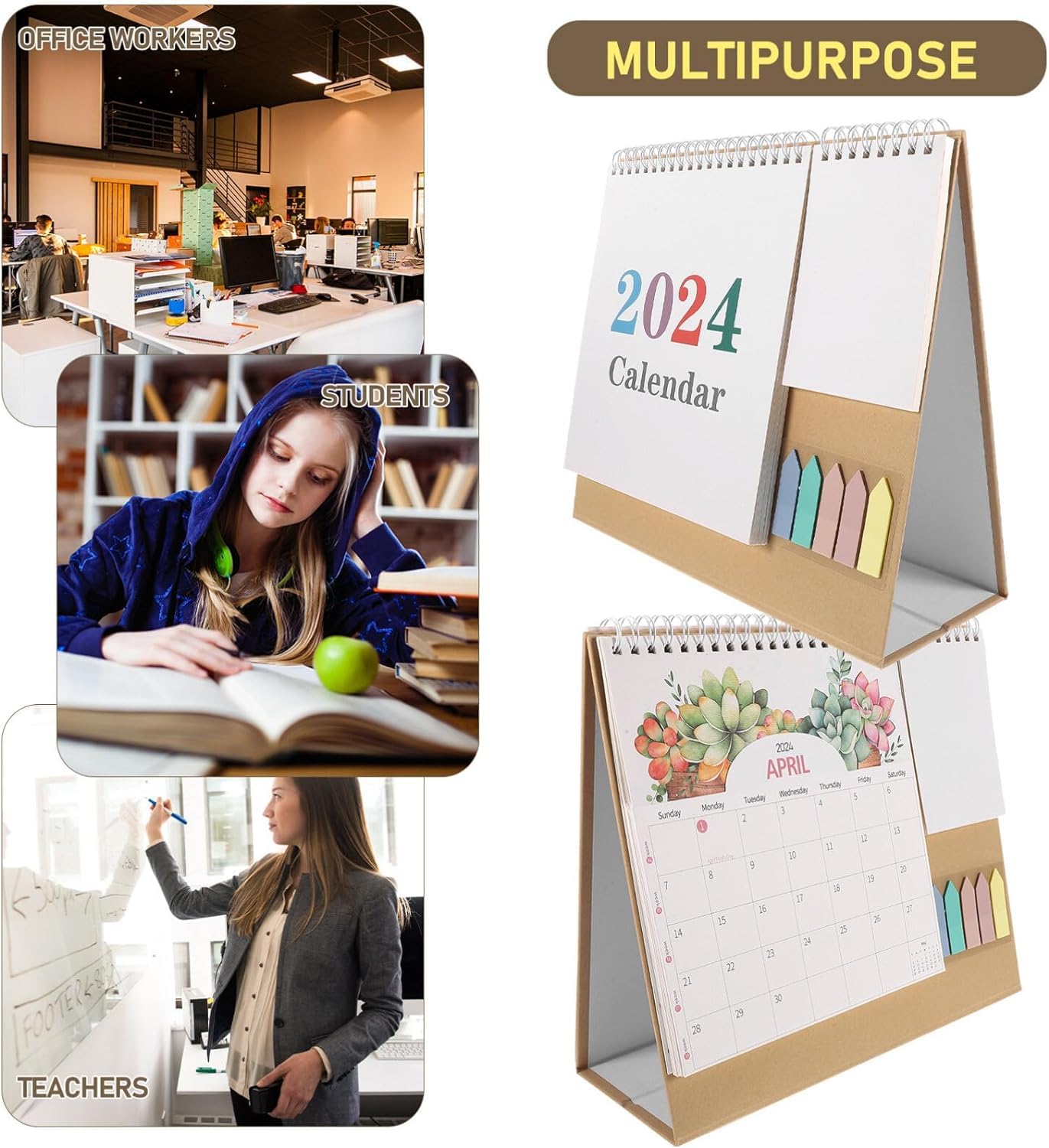 Großer Tischkalender 2024, 3D-Kalender, Tischkalender 2024 mit Index-Tabs, stehender Flip, 12 Monate Tischkalender - Januar 2024 - Dez. 2024 Stand-Up-Kalender, Planer für Heimbüro-Dekor (Farbe: On