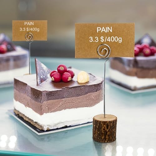 Miniatura 5 de 20 soportes para tarjetas de lugar de madera rústica con alambre en espiral y 30 tarjetas de lugar de papel kraft, soporte de madera para números de