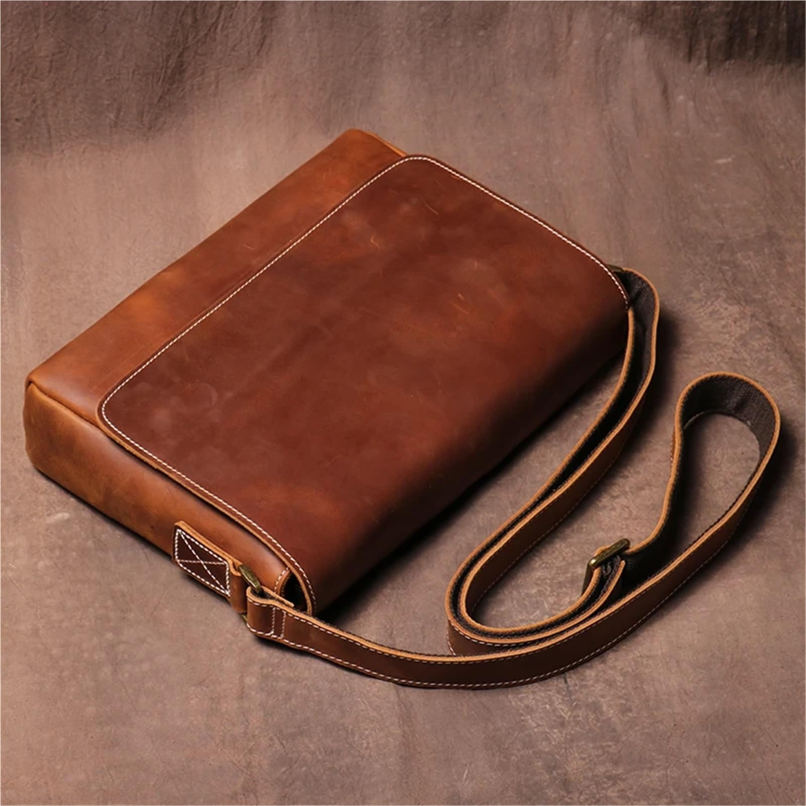 Borsa per Documenti Ufficio Borsa a tracolla vintage da uomo, in vera pelle, con patta semplice, in pelle di mucca