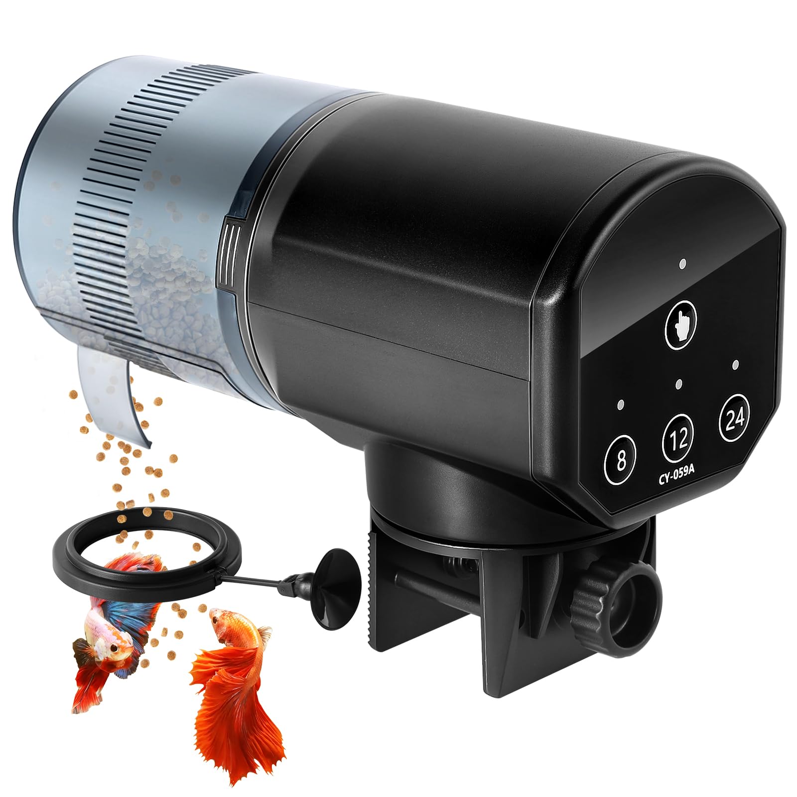 URAQT Automatico Distributore Cibo Pesci a Batteria, Mangiatoia Automatica Acquario, 200ML Mangiatoia Pesci, Con indicatore LED, con 2 batterie AAA e Anello per Alimentatore Pescis, Nero