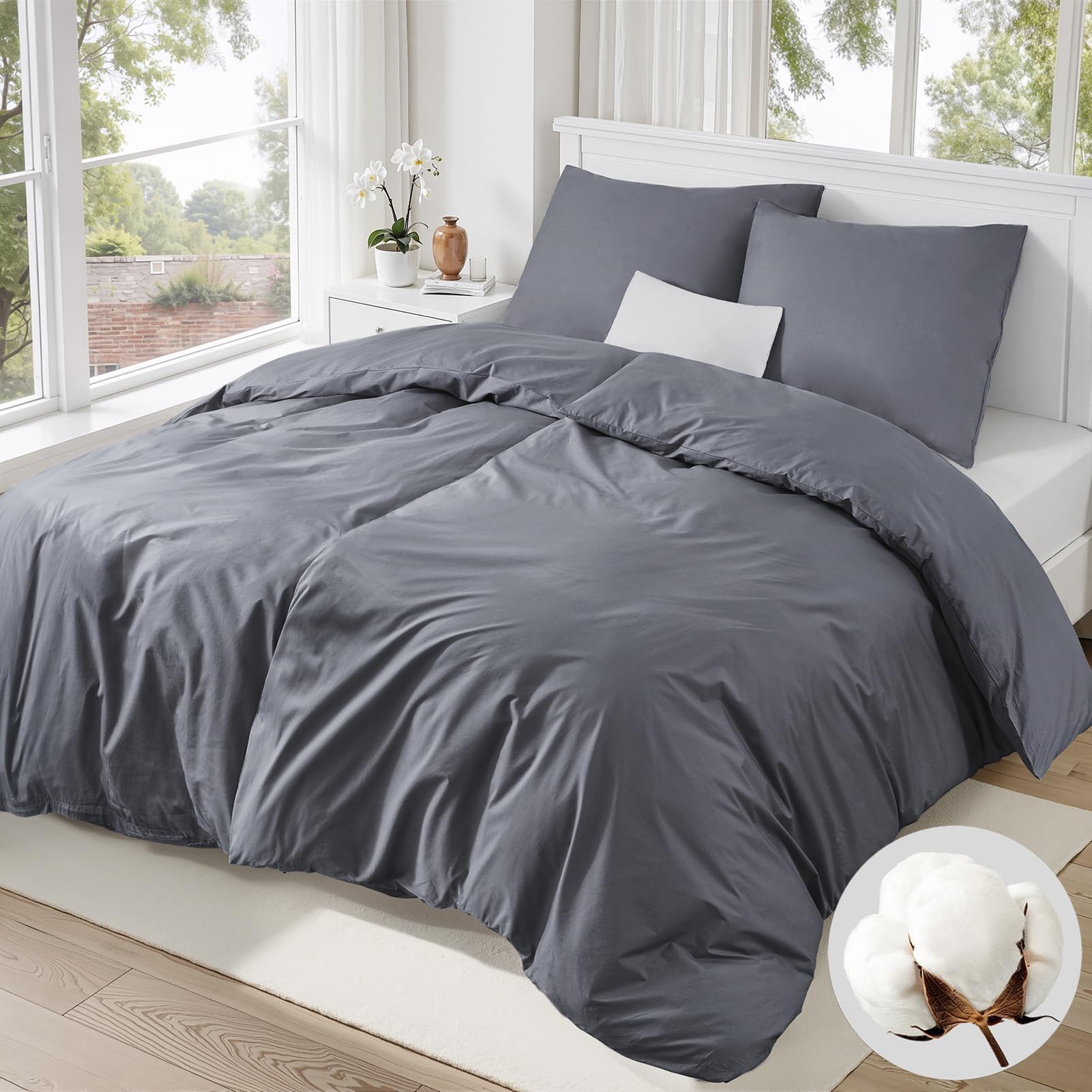 Funda Nórdica Cama 90 Gris, Algodón 100% Súper Suave con Cremallera, Certificación Oeko-Tex, 2 Fundas de Edredón 135x200 + 2 Fundas de Almohada 80x80 cm