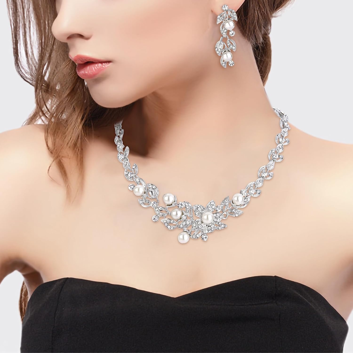 BriLove Wedding Bridal Cream Simulated Pearl Jewelry Set for Women Cluster Leaf Vine Hibiscus Flower Crystal Collar Dangle Clear Silver-Tone - Image 2