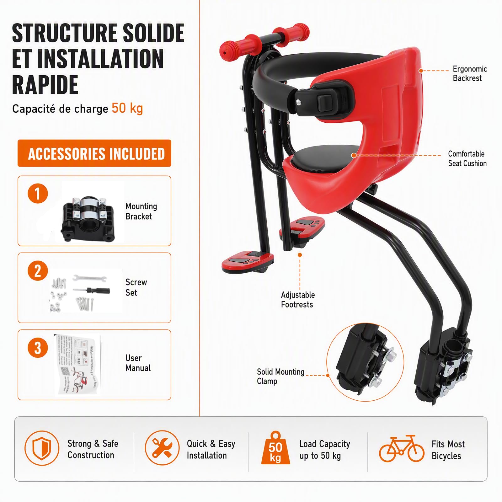 Seggiolino anteriore per bicicletta MTB, poggiapiedi rimovibile, schienale | Seggiolino per MTB anteriore rimovibile, portata 50 kg, poggiapiedi e schienale, per 8M-4J, facile da montare.