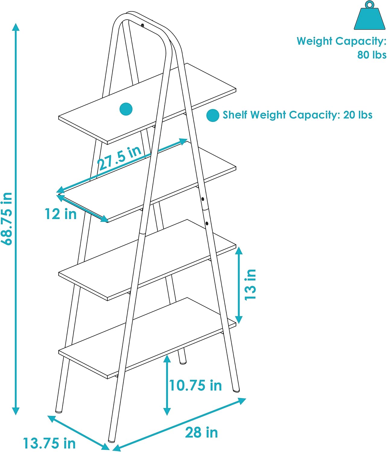 Sunnydaze 68.5-Inch H 4-Tier Industrial-Style A-Frame Ladder Shelf - MDP Shelves with Powder-Coated Steel Frame - Brown