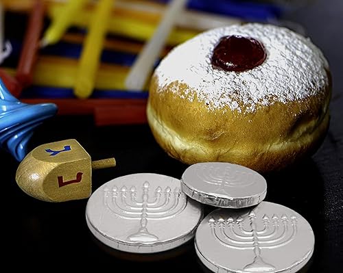 Miniatura 5 de Dinero de Hanukkah, monedas kosher rellenas de chocolate con leche, diseño de menorá en relieve