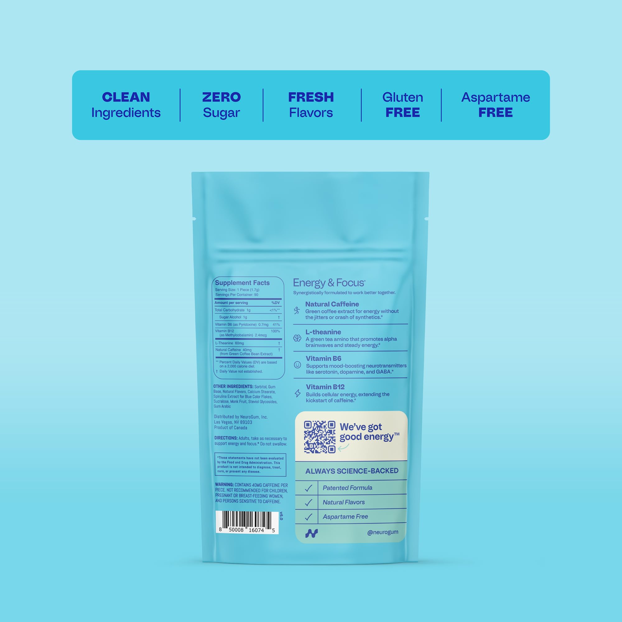 Neuro Energy & Focus Gum - Goma de mascar de cafeína natural de 40 mg y suplemento energético nootrópico con L-teanina y vitaminas B, sin azúcar, vegano, menta, 90 unidades