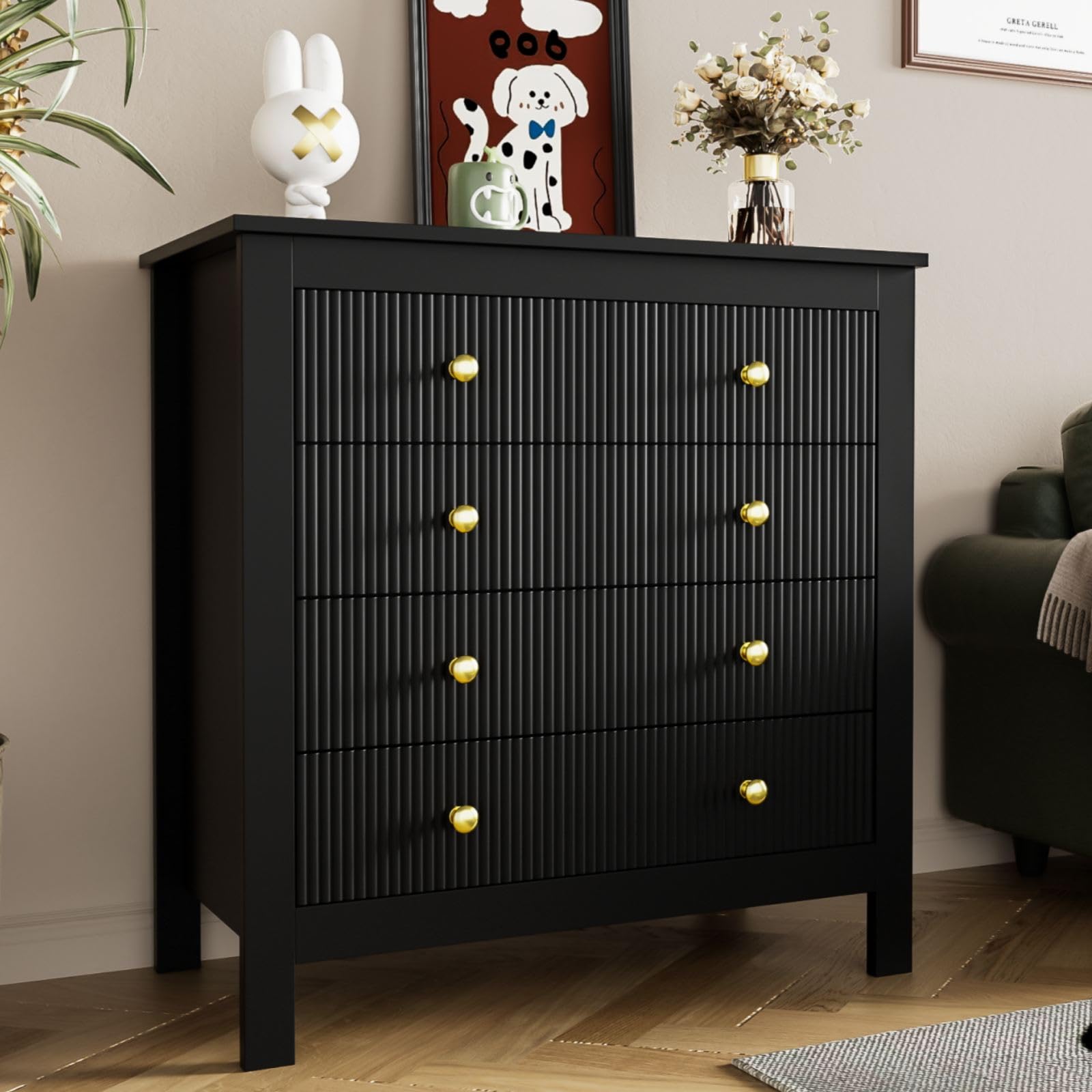 KOMHTOM Commode de Salon de Chambre Noire avec 5 tiroirs Meuble tiroir Rangement avec poignées dorées Meubles de Salon, de Cuisine et de Chambre à Coucher (Noir)