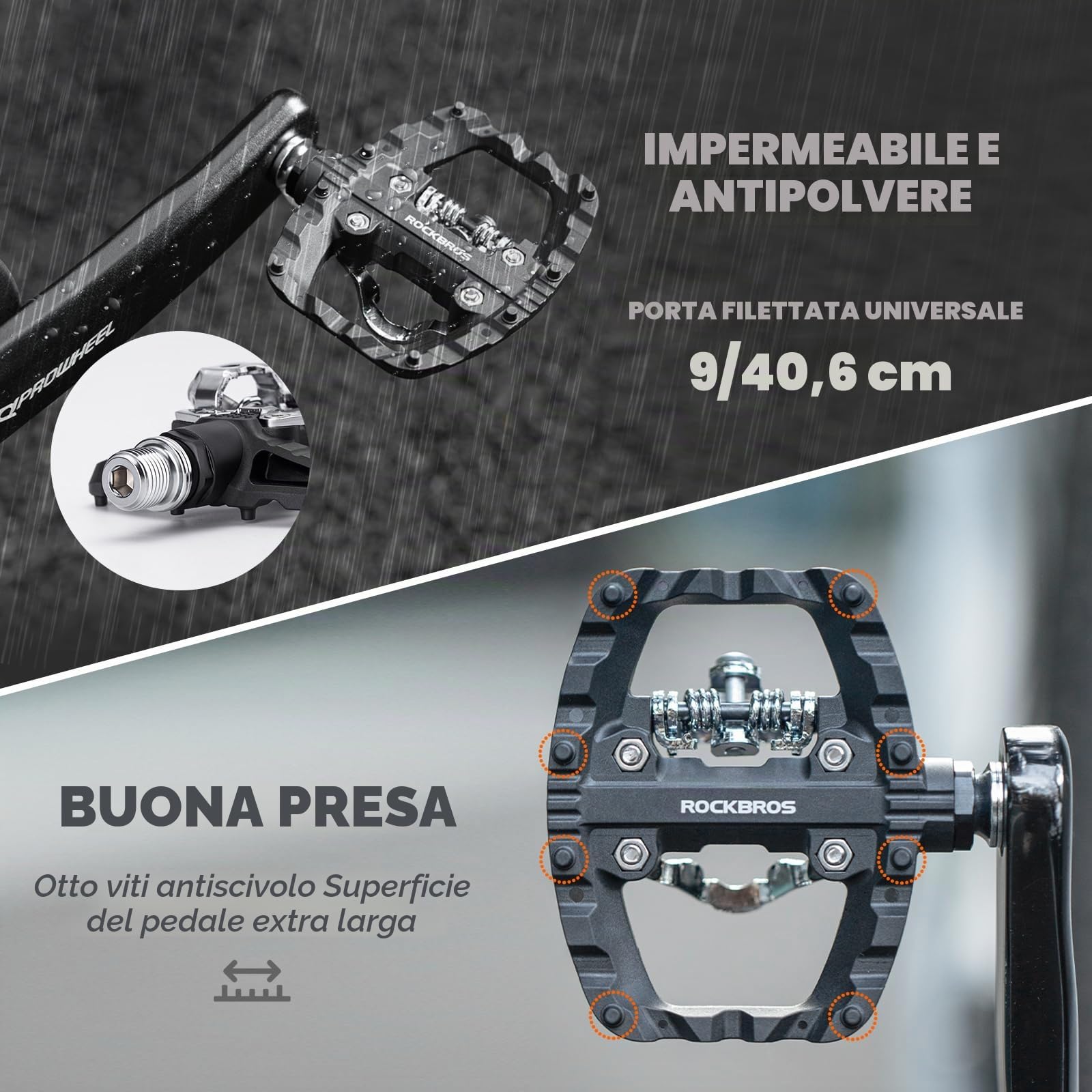 ROCKBROS Pedali Bici MTB Flat Doppia Funzione Leggeri | Pedali Bici in Nylon Leggero, Piattaforma Ampia Antiscivolo, Set Morsetti Incluso, per Strada, Gravel, MTB, Attacco 9/16"