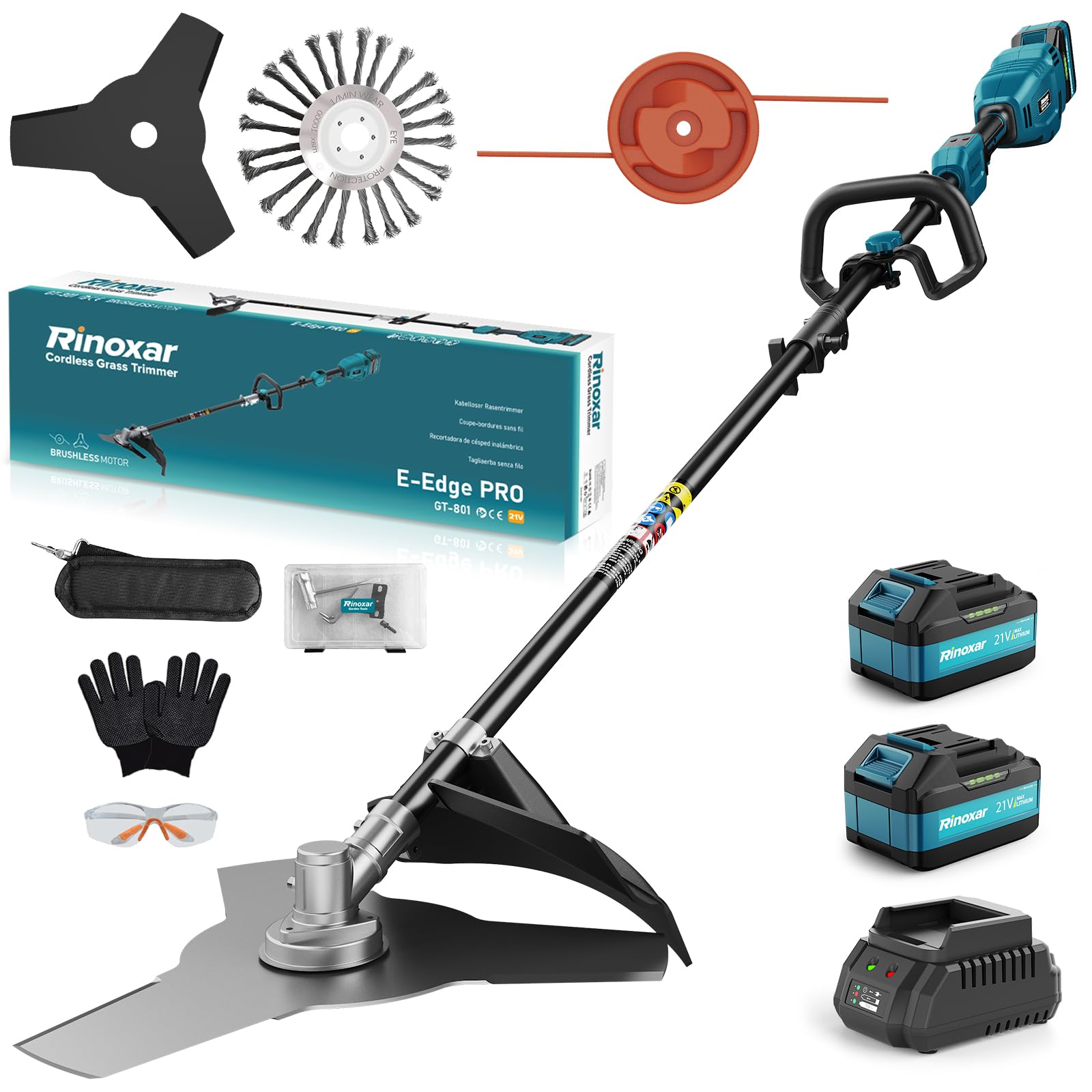 Desbrozadora a Bateria, Multifunción Cortabordes Eléctrico con 2X 18V/5200 mAh Batería, Motor Brushless, 3 Tipos de Cuchillas, Diámetro de Corte de 26 cm- E-Edge Pro