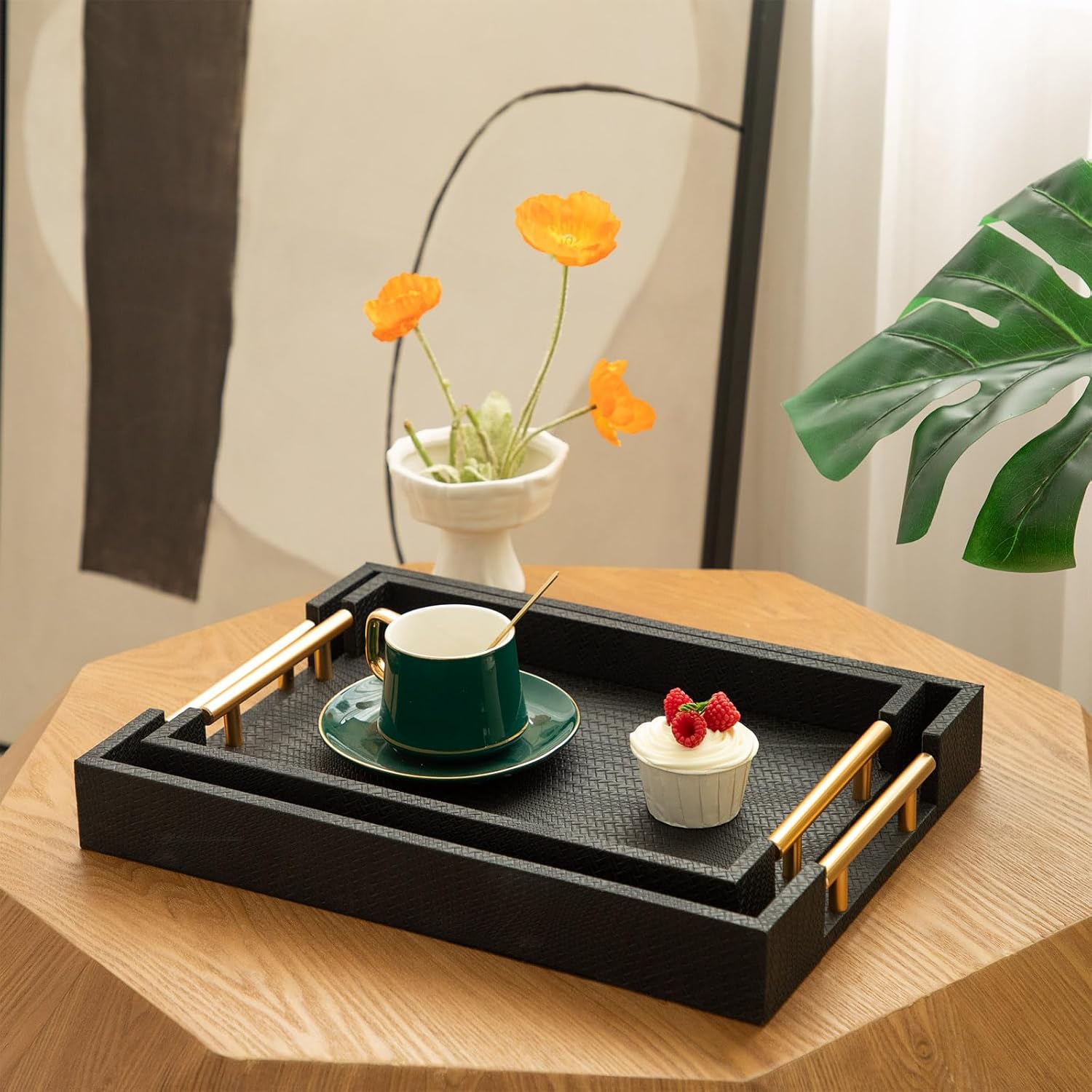 2 Piece Woven Leather Ottoman Tray with Gold Handles, Perfect Rectangular Serving Tray for Living Room, Coffee Table Tray as Thoughtful Gift for Home Decor Enthusiasts (Black) - Image 2