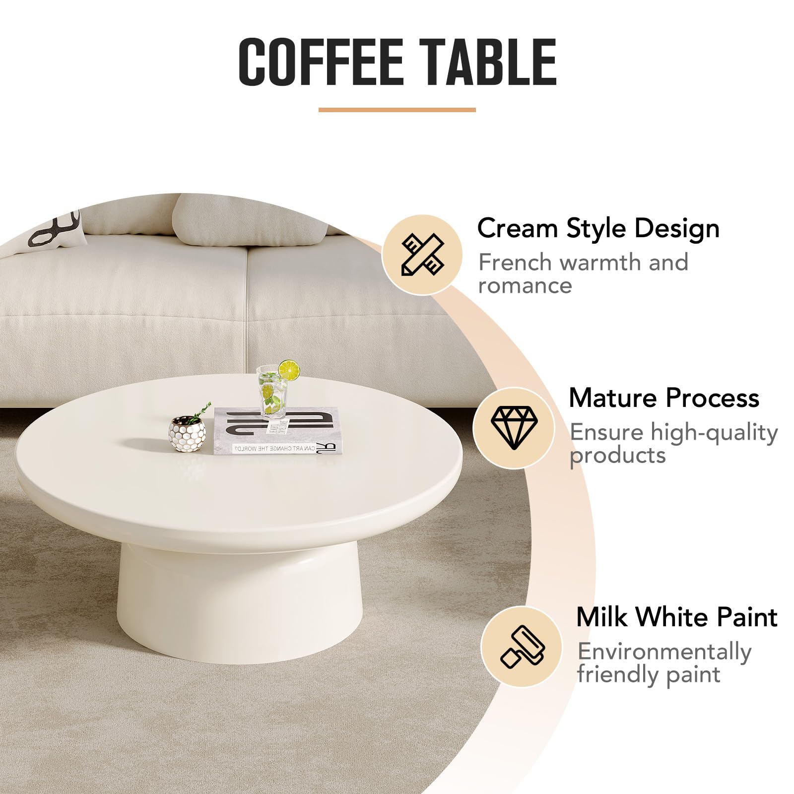 Guyii Modern White Round Coffee Table – Minimalist, Elegant, and Stylish Design for Contemporary Living Room, Nordic Scandi-Style, Functional and Versatile