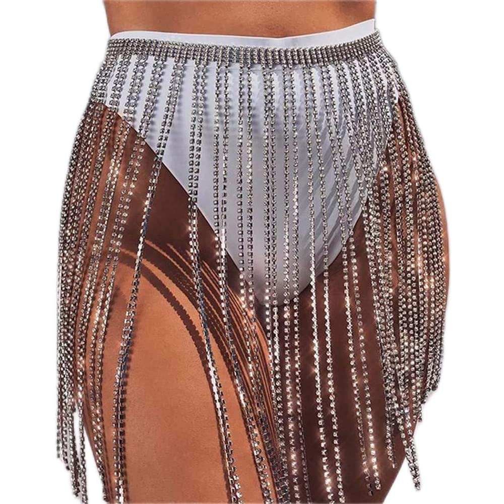 Kercisbeauty Sparkly Crystal Fringe Tassels Belly Belt Nightclub Hip Body Chain for Women Girls Belly Dance Rave Party Body Jewelry (Silver)