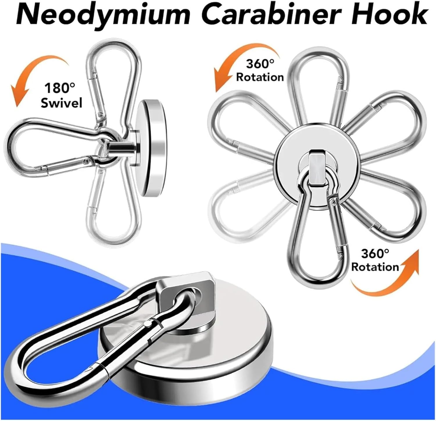Magnetic Hooks Strong Heavy Duty Neodymium with Swivel Carabiner Hook，Compatible for Refrigerator 3pcs Materials(Pull Max 41KG)