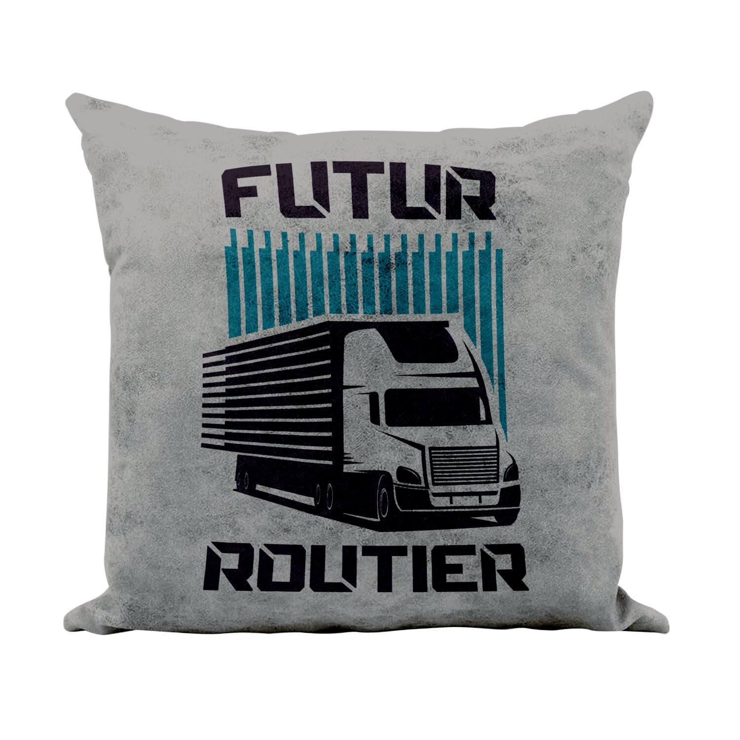 Coussin similicuir gris 40x40 cm avec motif camion pour futur routier