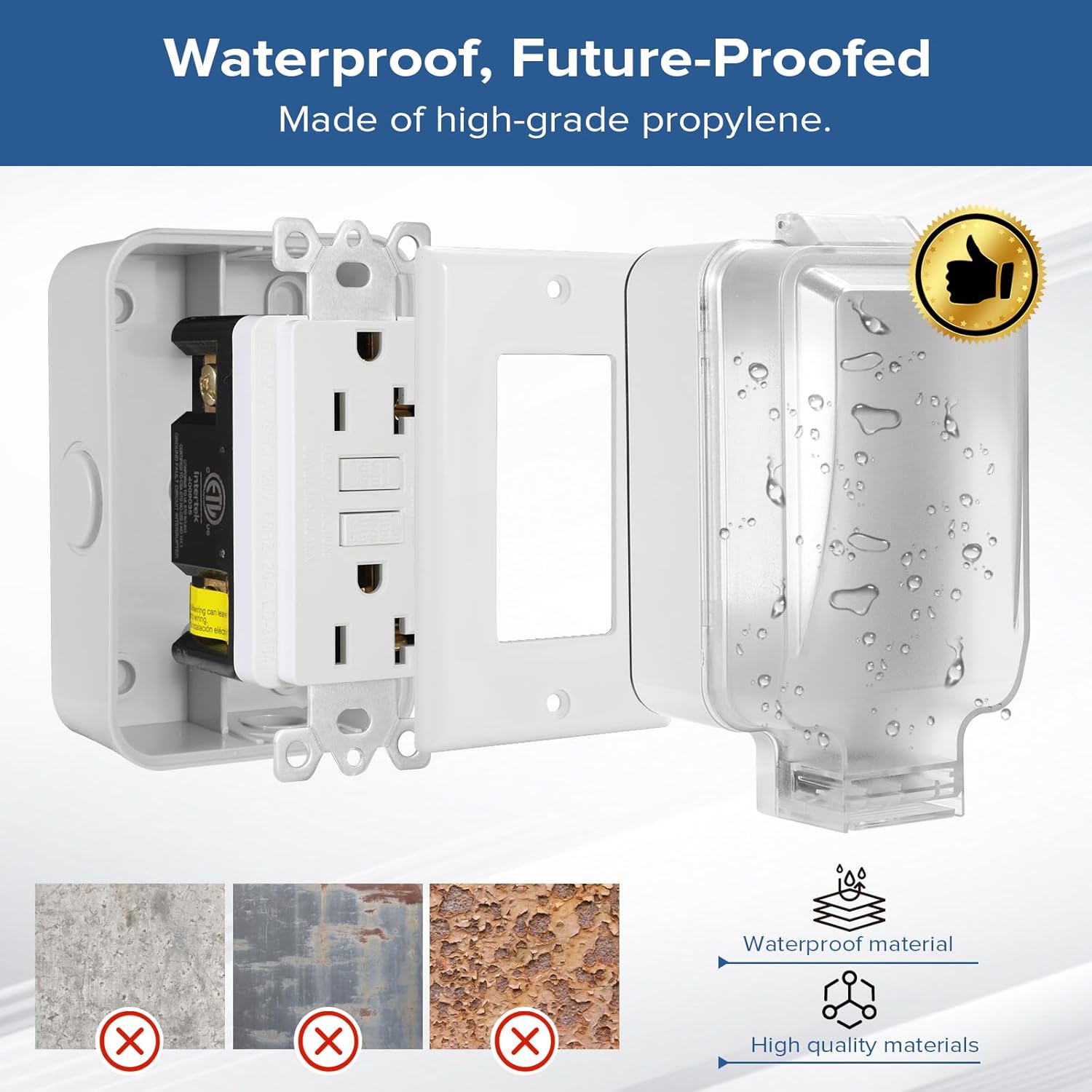 Vagueior Waterproof Outdoor Electrical Outlet Box, Nonmetallic Heavy Duty Box IP66 Waterproof and 20A WRTR GFCI Receptacles Kit, Suitable for Courtyard and Garden, ETL Listed, Grey