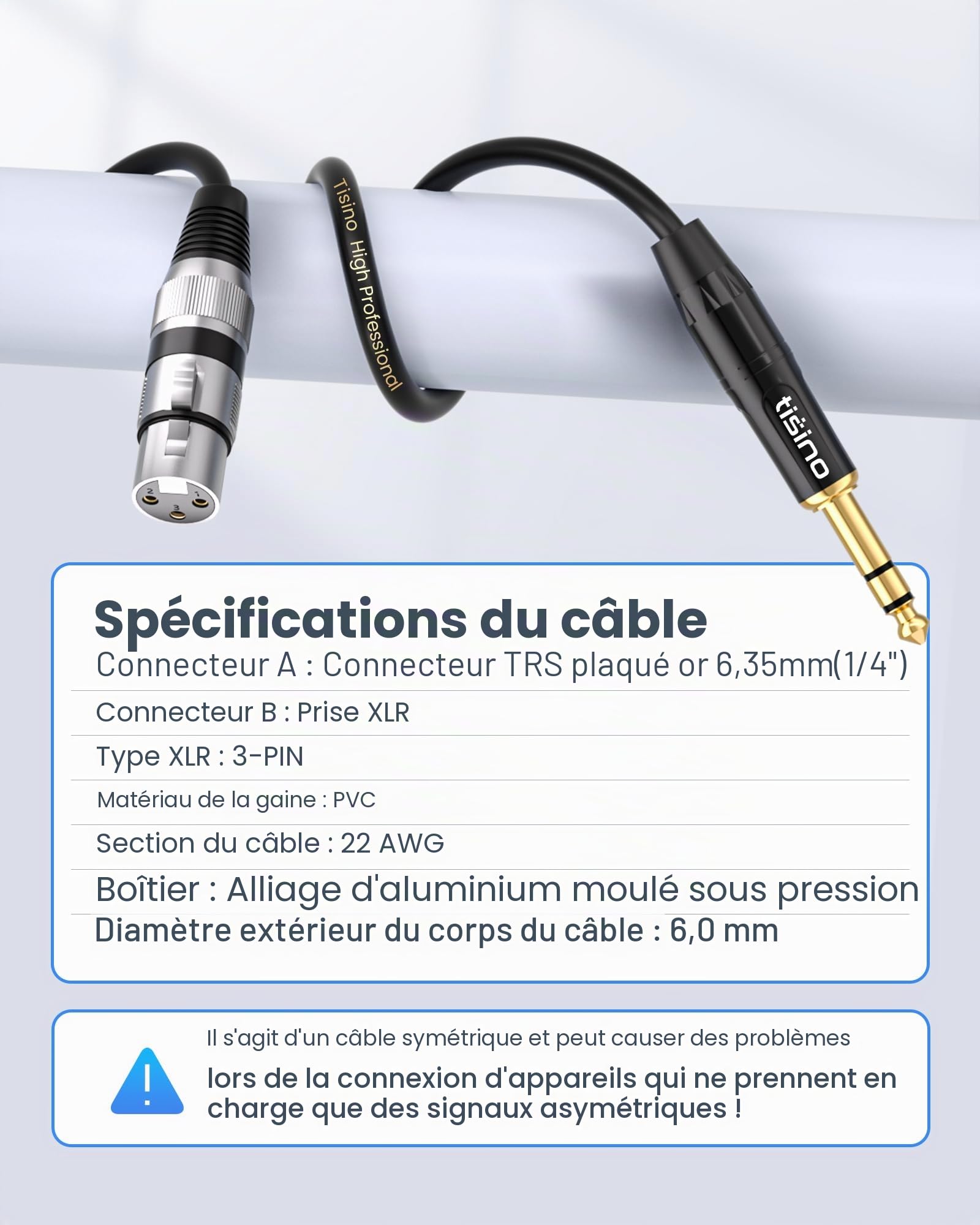 Tisino Câble XLR vers Jack 6,35 mm, Câble XLR Femelle vers Jack Stéréo TRS 6.35 mm pour Hautparleur, Microphone, Amplificateur, Mixeur- 1M