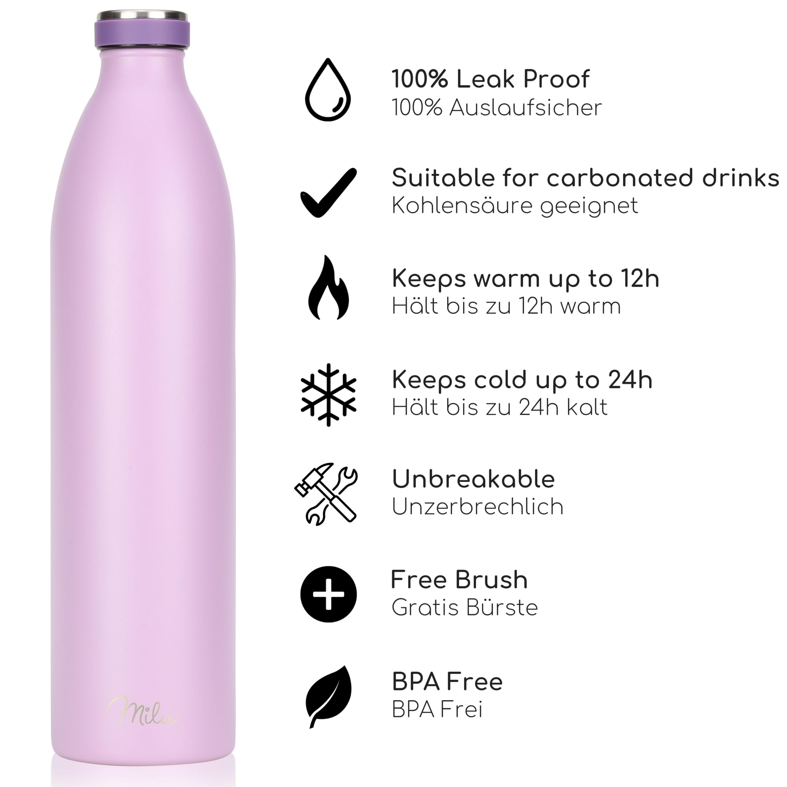 Milu Stainless Steel Drinking Bottle 1500 ml, Insulated Thermo Flask for Water, Leak Proof, Insulated and Double Walled - Image 2