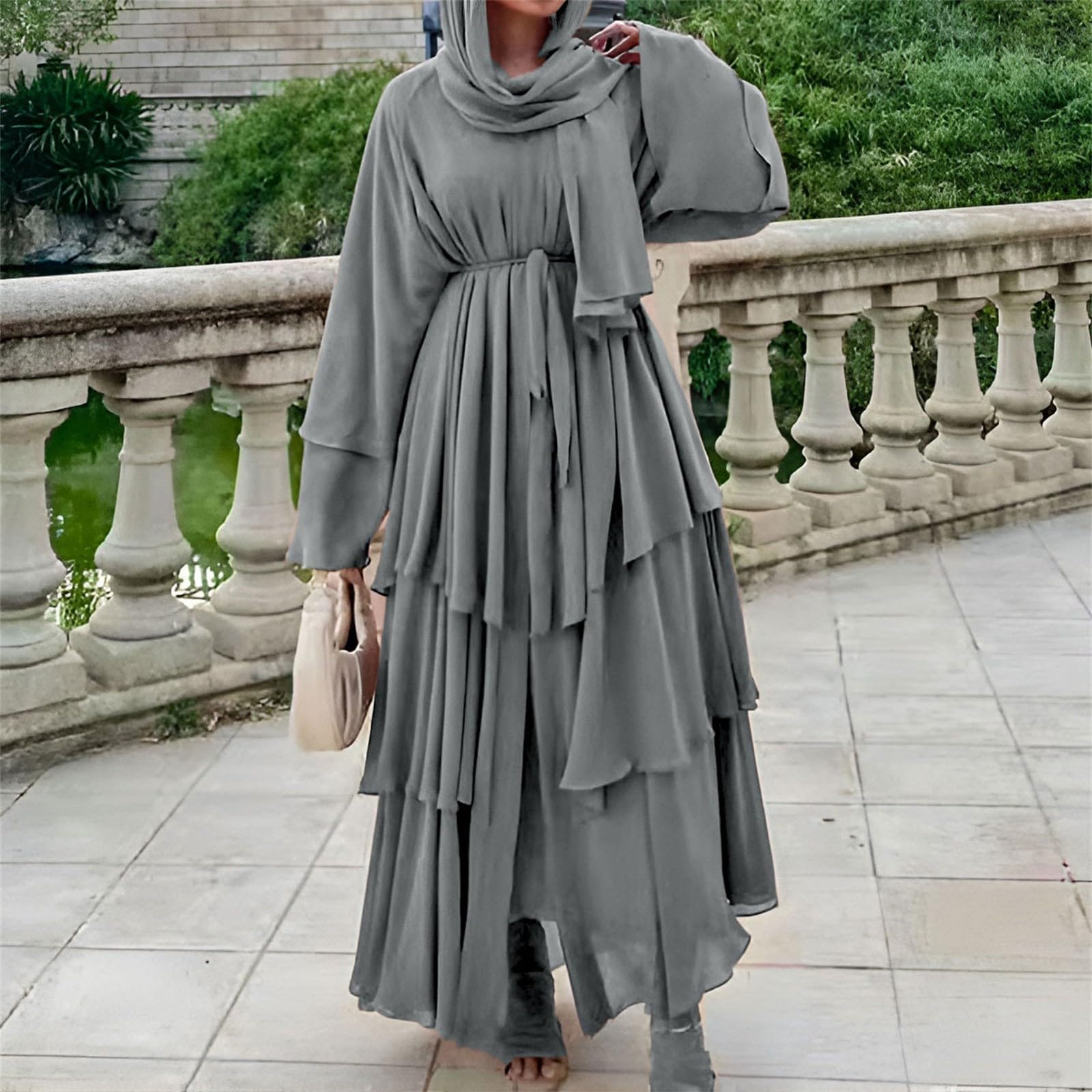 Damska muzułmańska sukienka Abaya, długi rękaw, dekolt w serek, maxi kaftan z paskiem, elegancki szyfonowy szlafrok na modlitwę i ramadan, skromny strój islamski, miękka, nieprzezroczysta tkanina