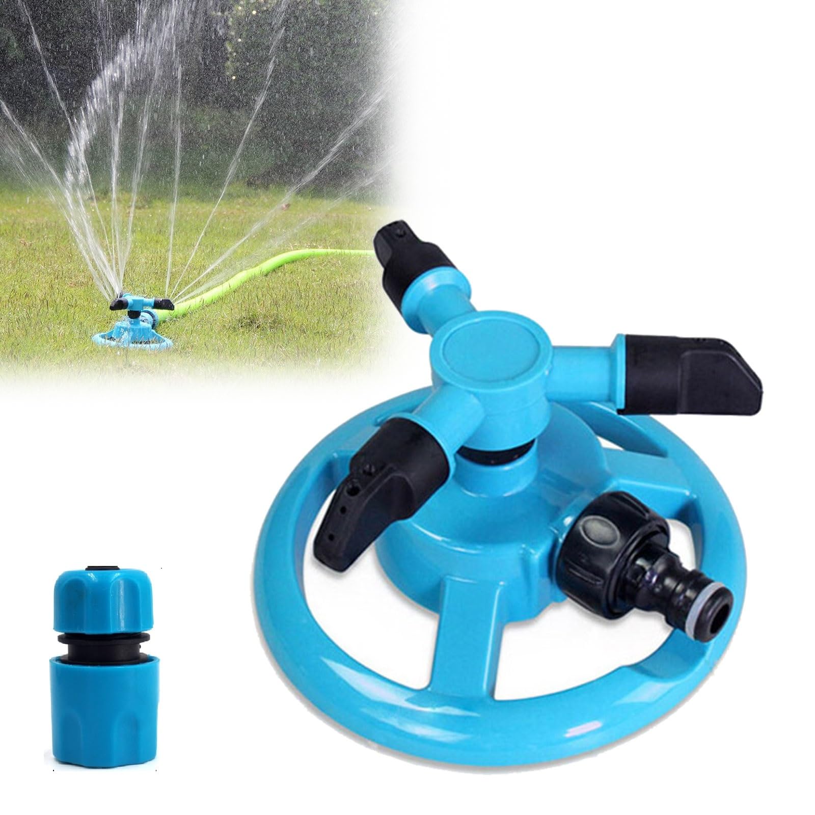 Garden Lawns Sprinkler, Automatic Lawn Water Sprinkler 360 Degree Rotating 3 Arms Adjustable Water Sprinkler System Large Coverage for Garden Plants Lawn Watering Lawn Irrigation (Blue)