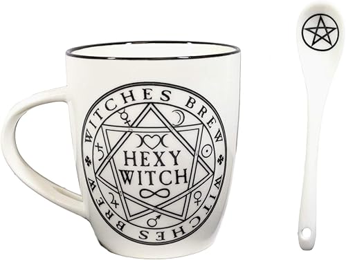 Miniatura 2 de Ebros Wicca Símbolos Magicos Sagrados Pentáculos Hexy Witch Witches Brew Taza y cuchara de porcelana con mango integrado de soporte de cuchara de 13