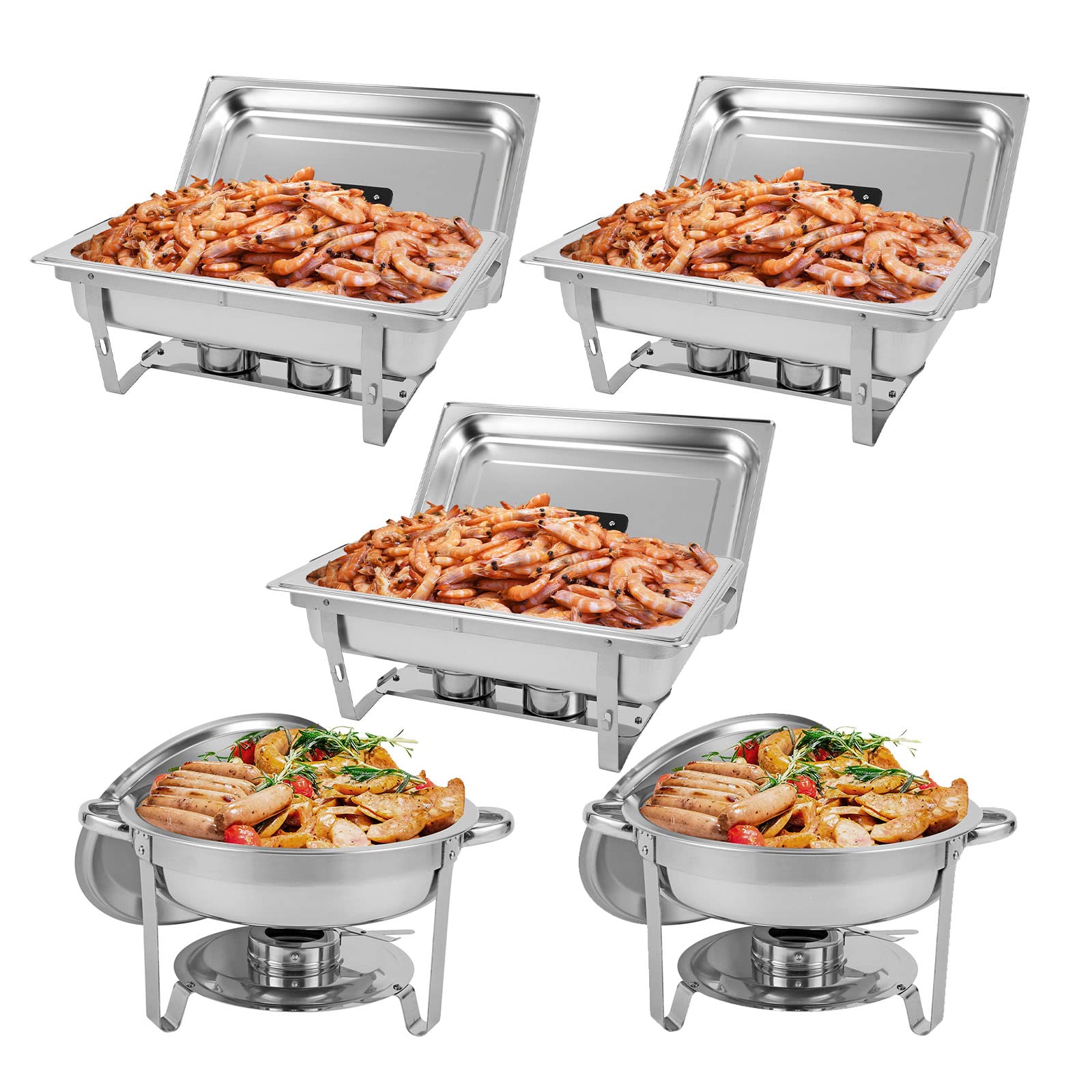Restlrious Chafing Dish Buffet Set 5 Pack, Stainless Steel 5 QT Round & 8 QT Rectangular Foldable Chafers and Buffet Warmers Set, w/Full Size Food Pan, Water Pan, Fuel Holder & Lid for Catering Event