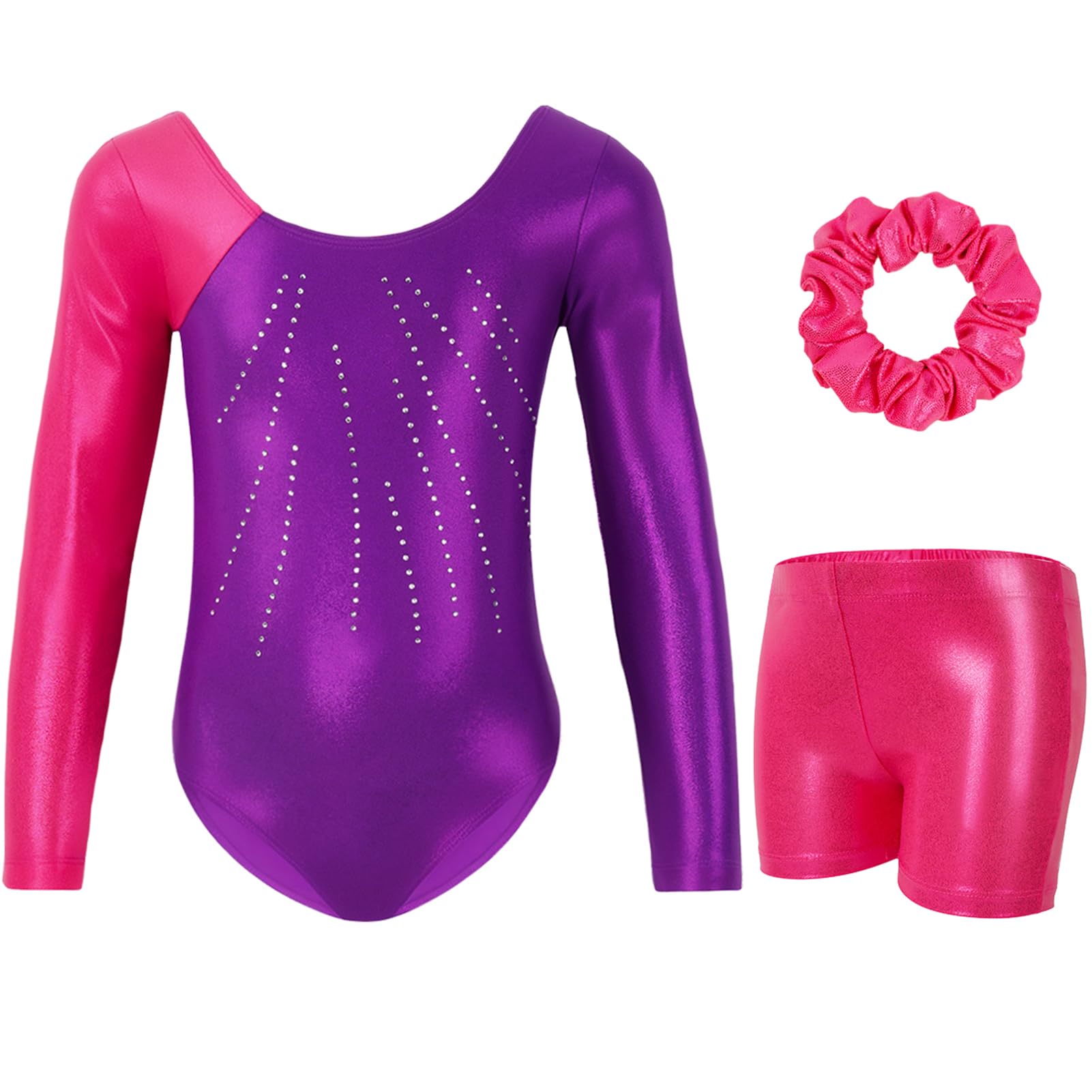 Gogokids Maillot de gimnasia de tres piezas para niña, de manga larga, con pantalones cortos y cinta para el pelo, ropa de gimnasia con diseño degradado para 3-12 años — view 22