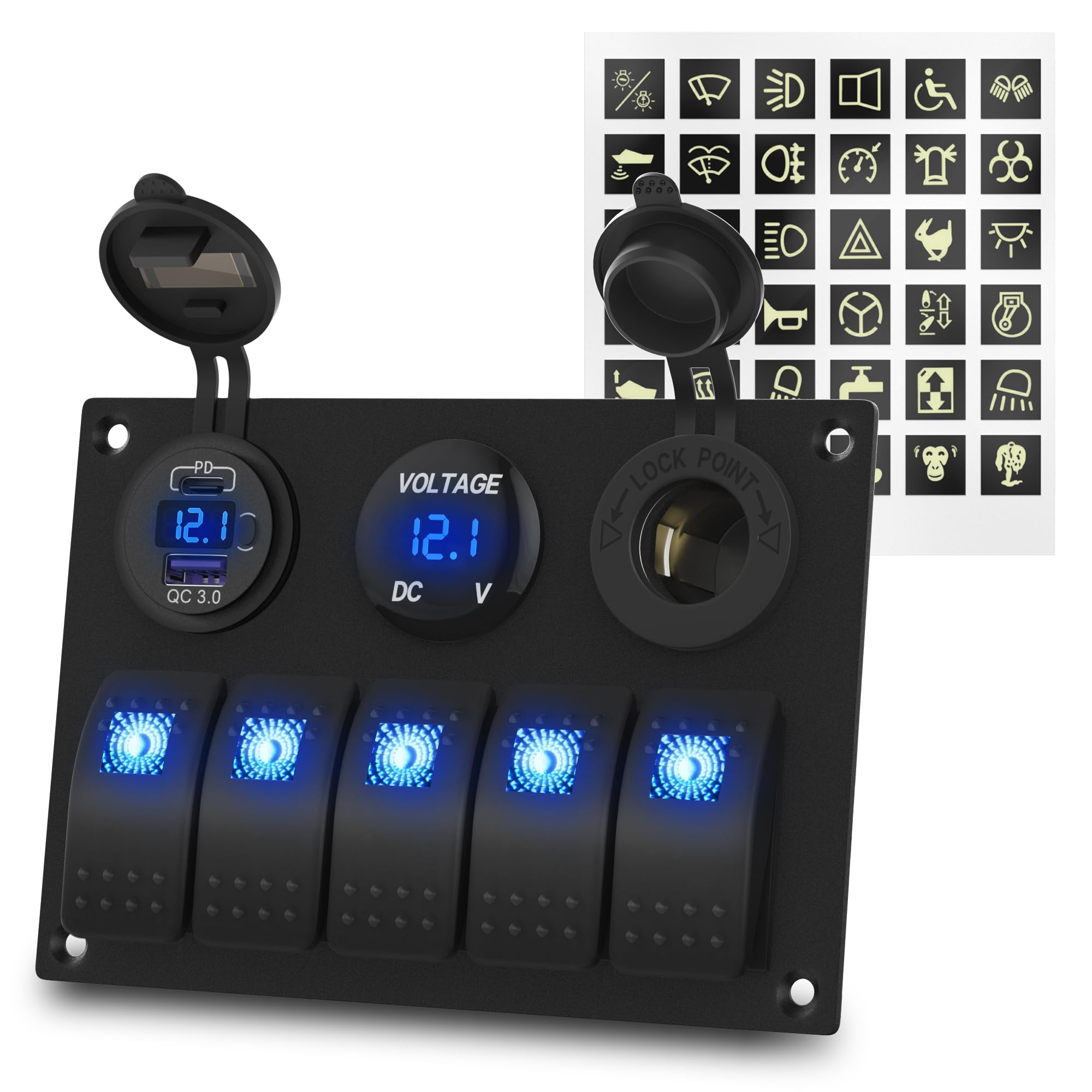 Joinfworld 5 Gang Pannello Interruttori barca Impermeabile 12V/24V,Interruttore a Levetta con 4.8A Doppio USB, LED Voltmetro,Precablato,Presa Accendisigari per Auto Barca Camion Camper