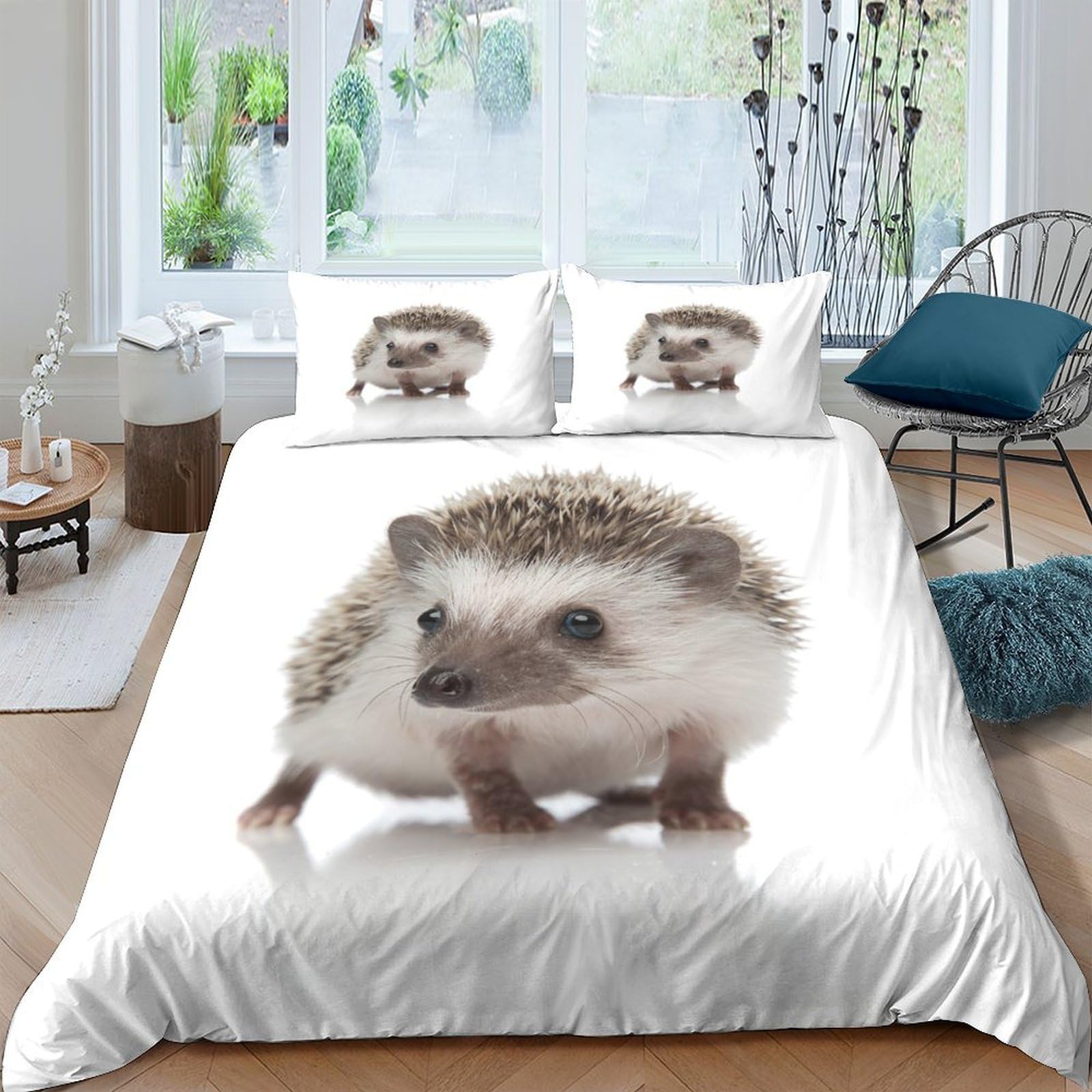 GPLZQXKJNH 3D Printed Hedgehog Animal Duvet Cover Microfiber Soft Breathable Forest Bedding Set with 2 Pillowcases for Bedroom Decor, Single（135x200cm）
